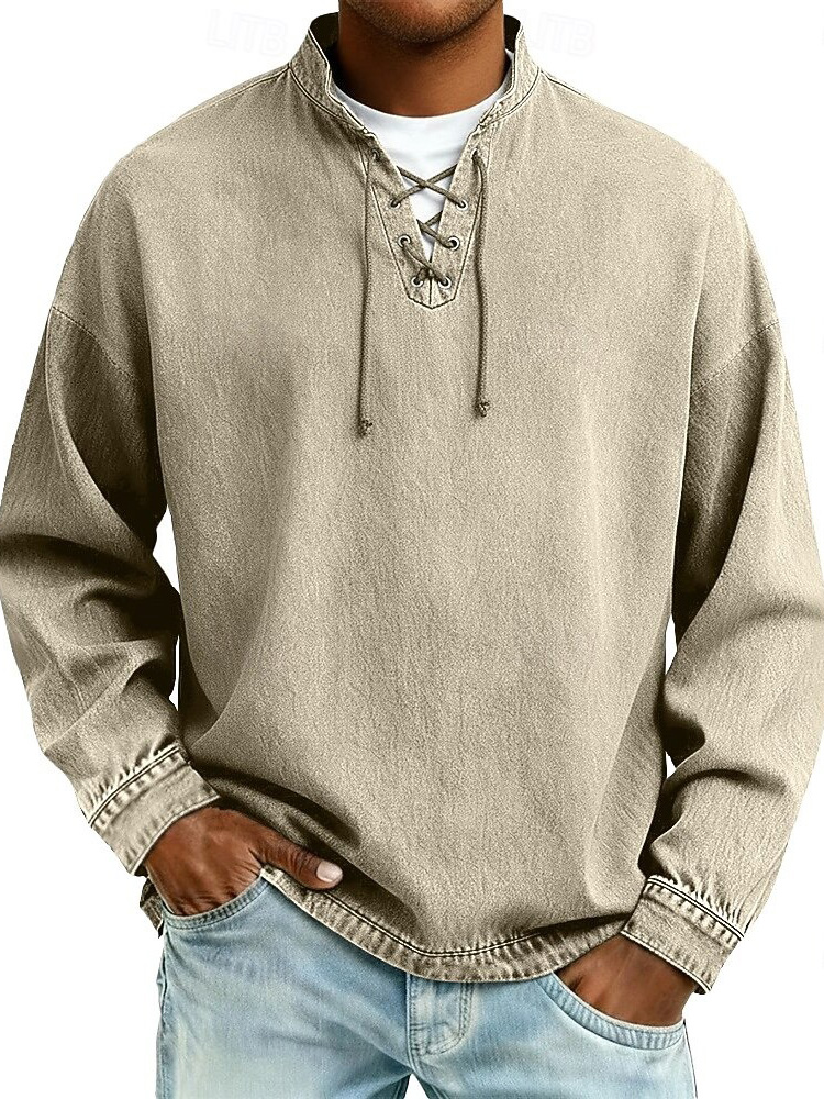 Men's Fashion Retro Distressed Drawstring Long-Sleeve Top
