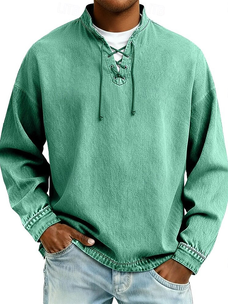 Men's Fashion Retro Distressed Drawstring Long-Sleeve Top