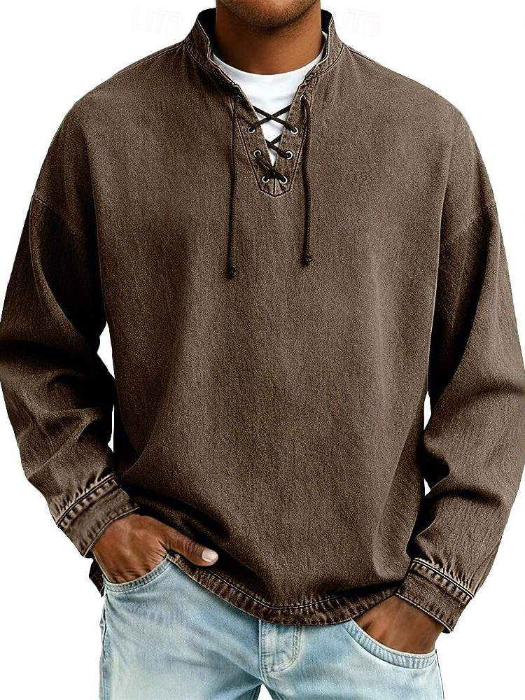 Men's Fashion Retro Distressed Drawstring Long-Sleeve Top