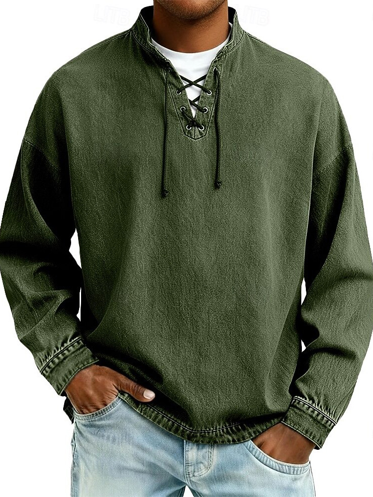 Men's Fashion Retro Distressed Drawstring Long-Sleeve Top