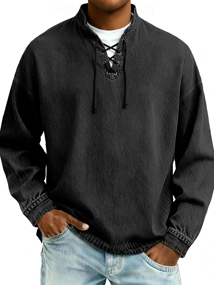 Men's Fashion Retro Distressed Drawstring Long-Sleeve Top