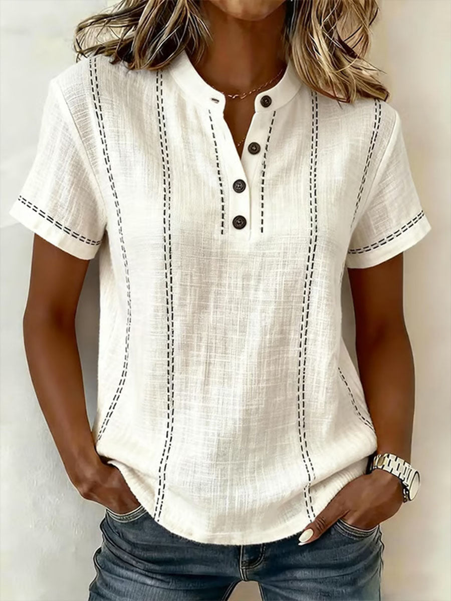 Women's V-neck Short-sleeve Casual Loose Cotton-linen Top