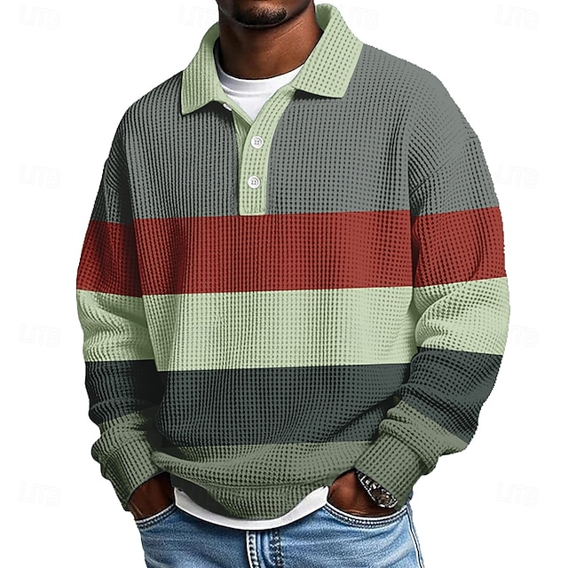 Men's Horizontal Stripes Waffle Polo Shirts Textured Long Sleeve Polo Shirts