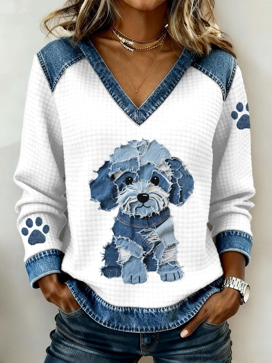 Susan - V-neck Sweatshirt with Print of a Fluffy Dog