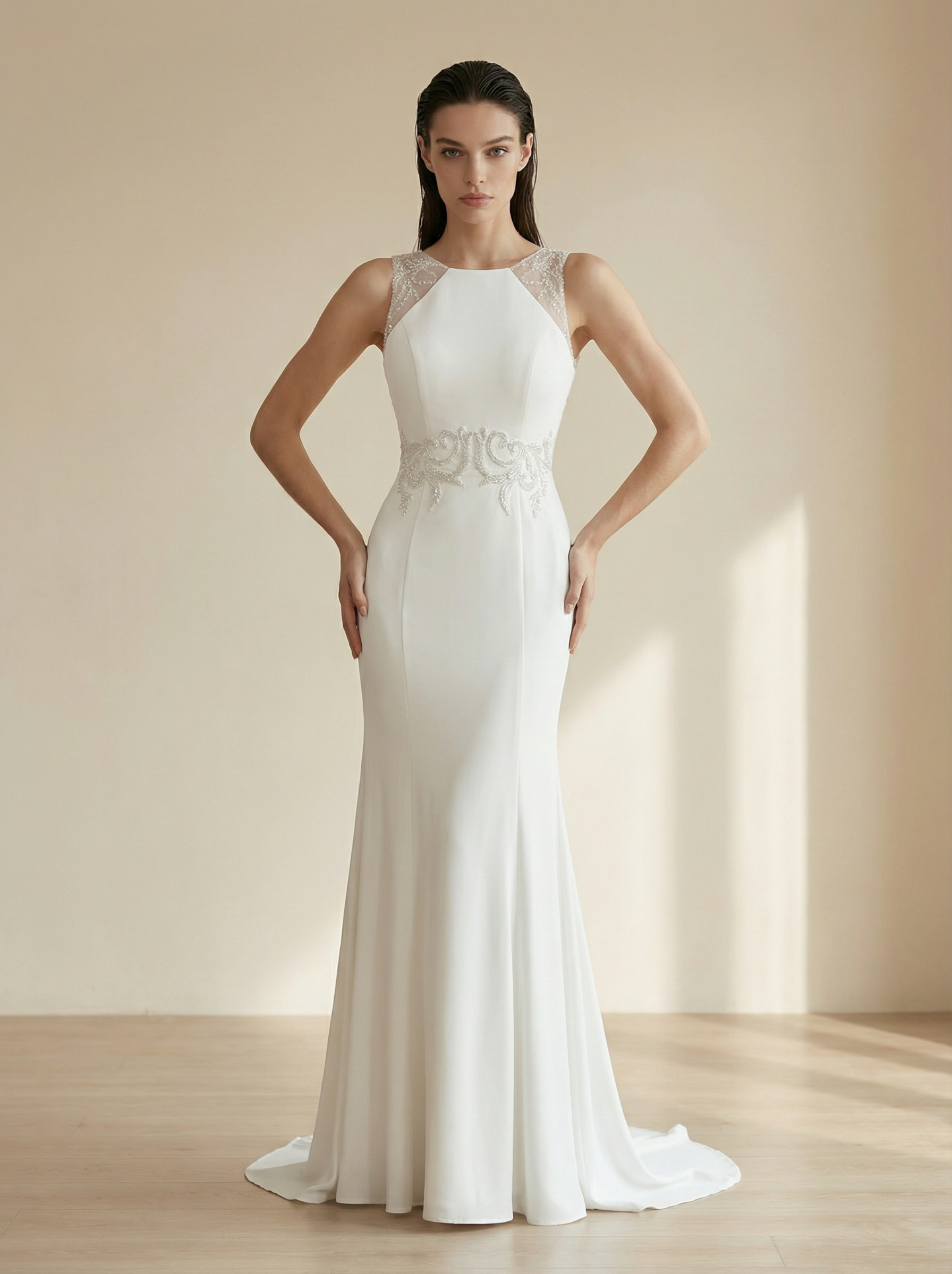 Elegant White Beaded Mermaid Guest Gown for Weddings