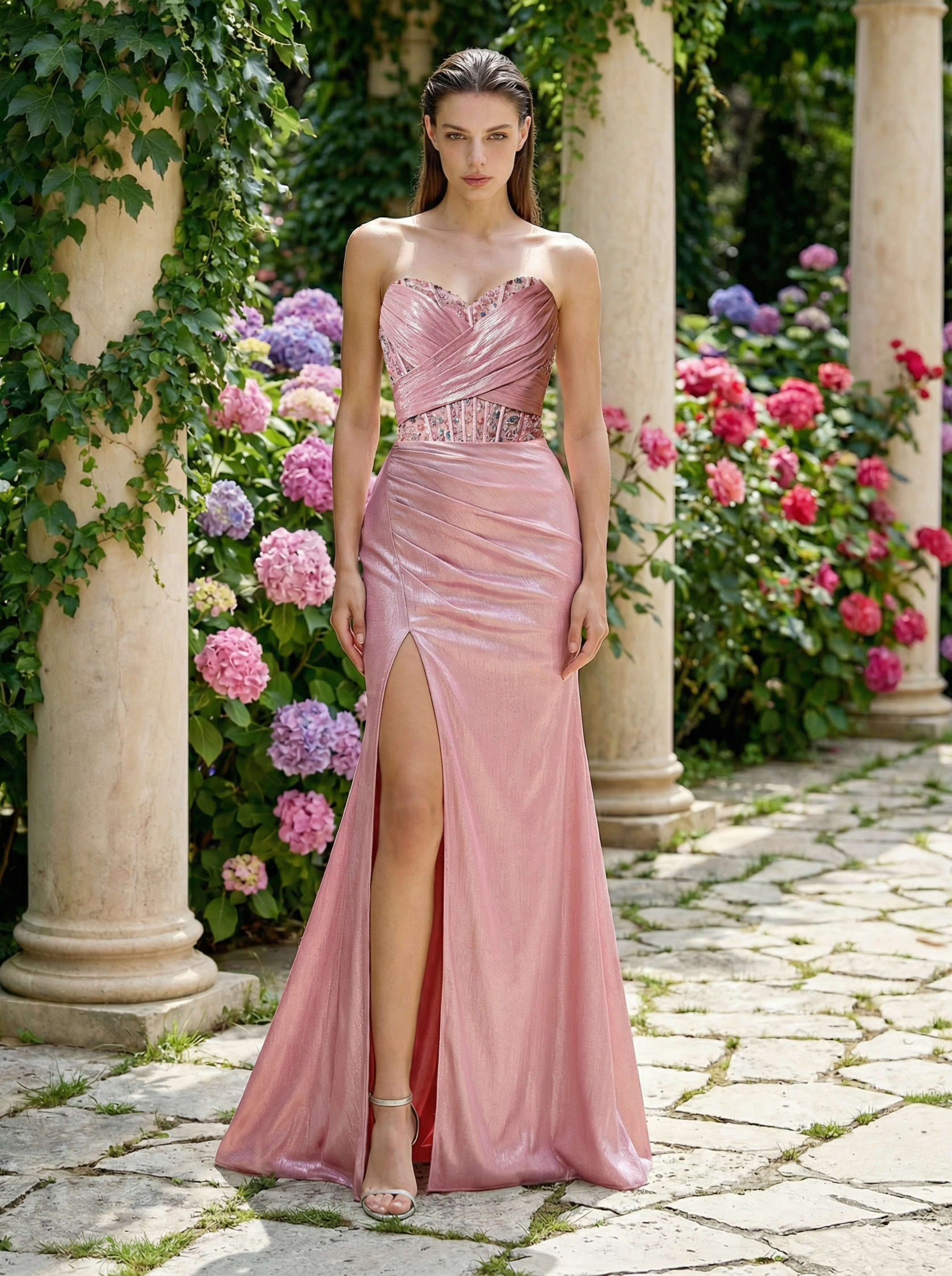 Luminous Blush Pink Mermaid Gown with Shimmering Beads and Draped Details