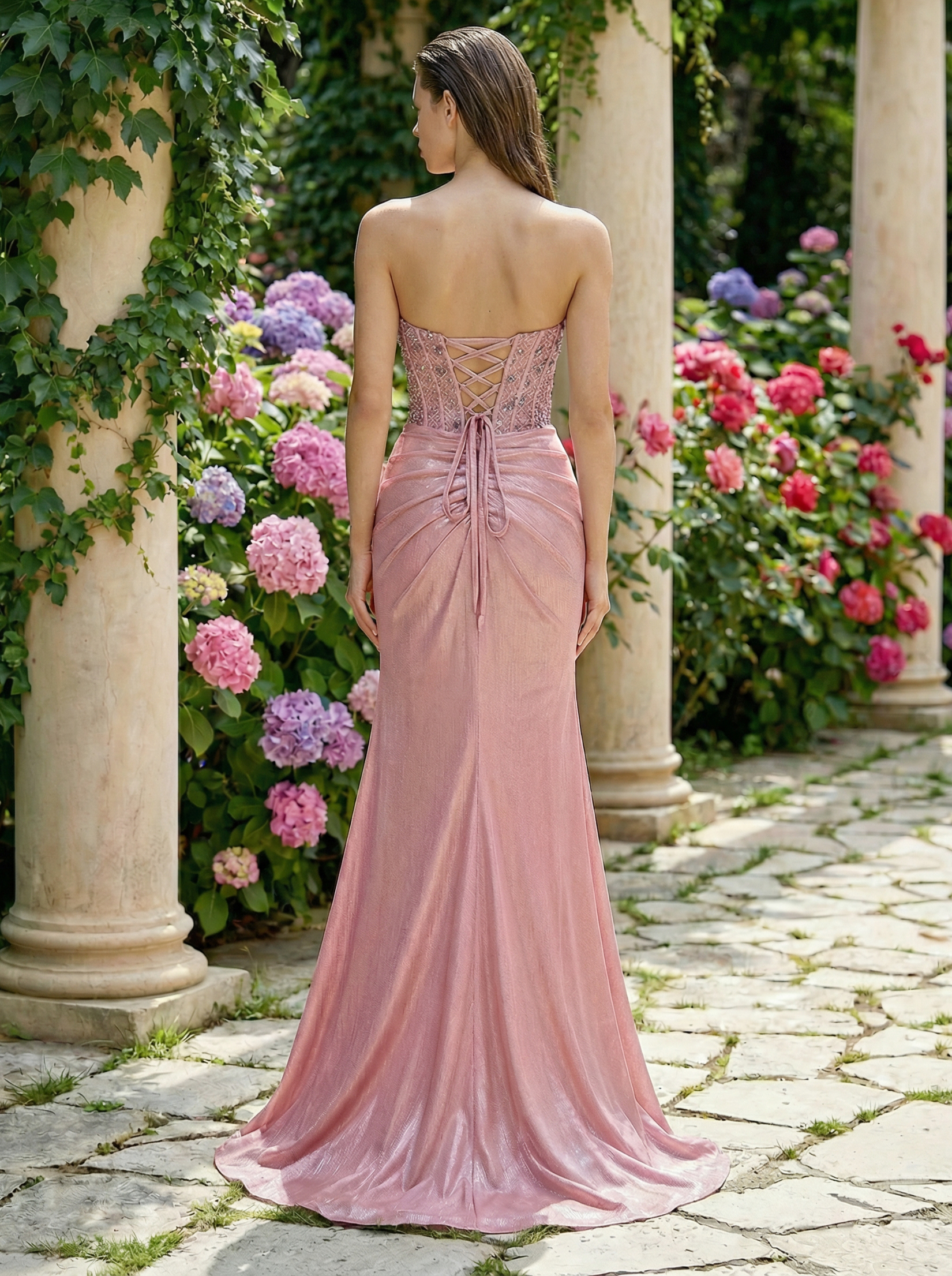 Luminous Blush Pink Mermaid Gown with Shimmering Beads and Draped Details