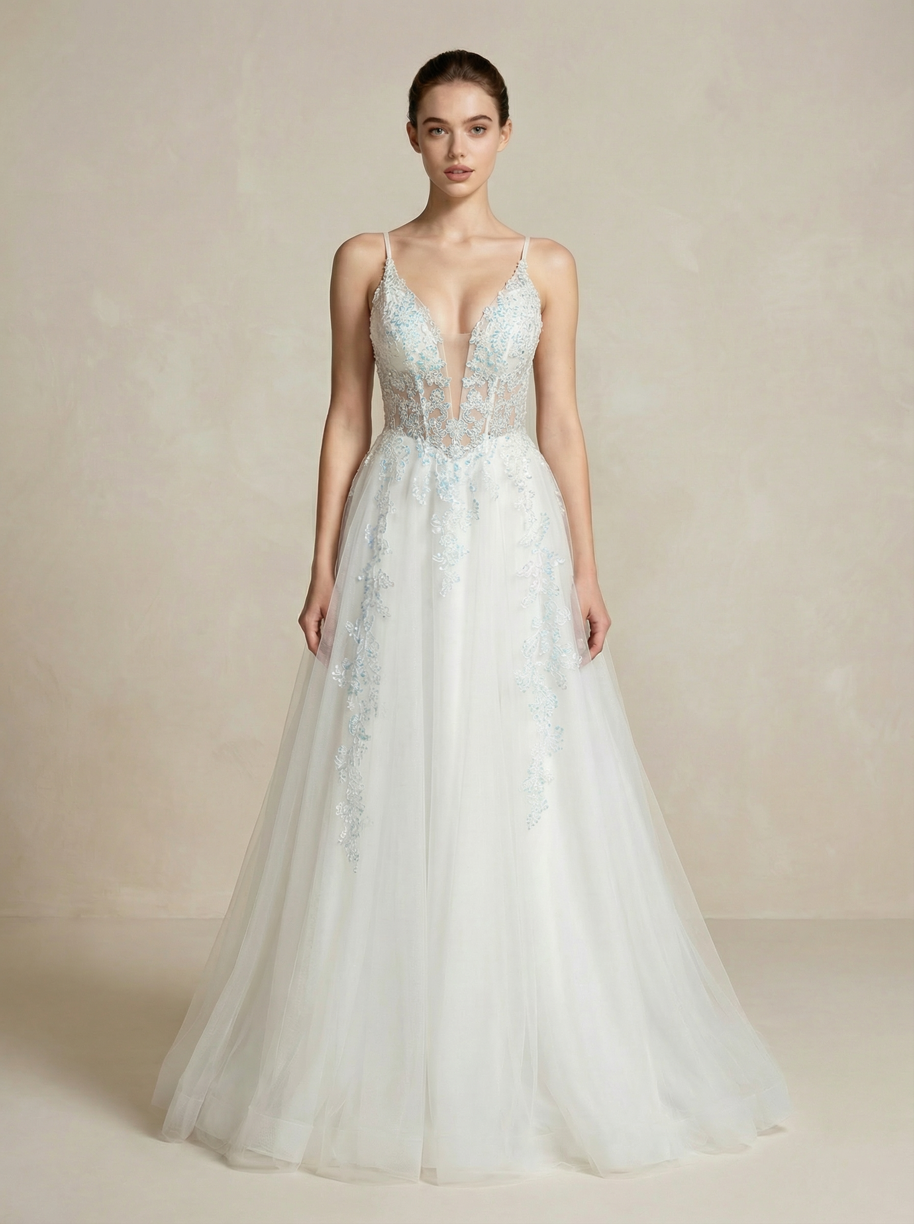 Deep V-Neck Beaded Lace A-Line Gown with High Slit