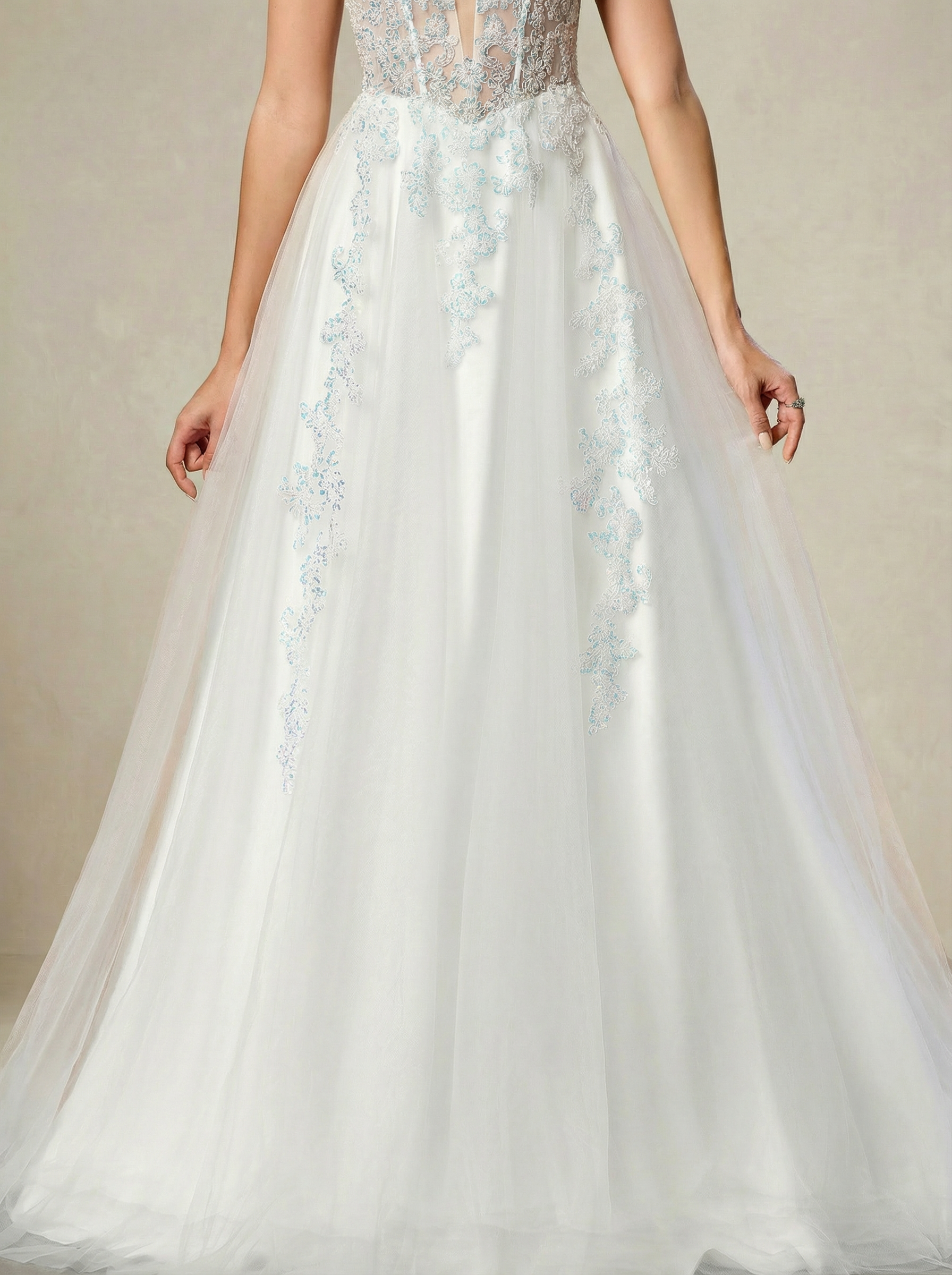 Deep V-Neck Beaded Lace A-Line Gown with High Slit