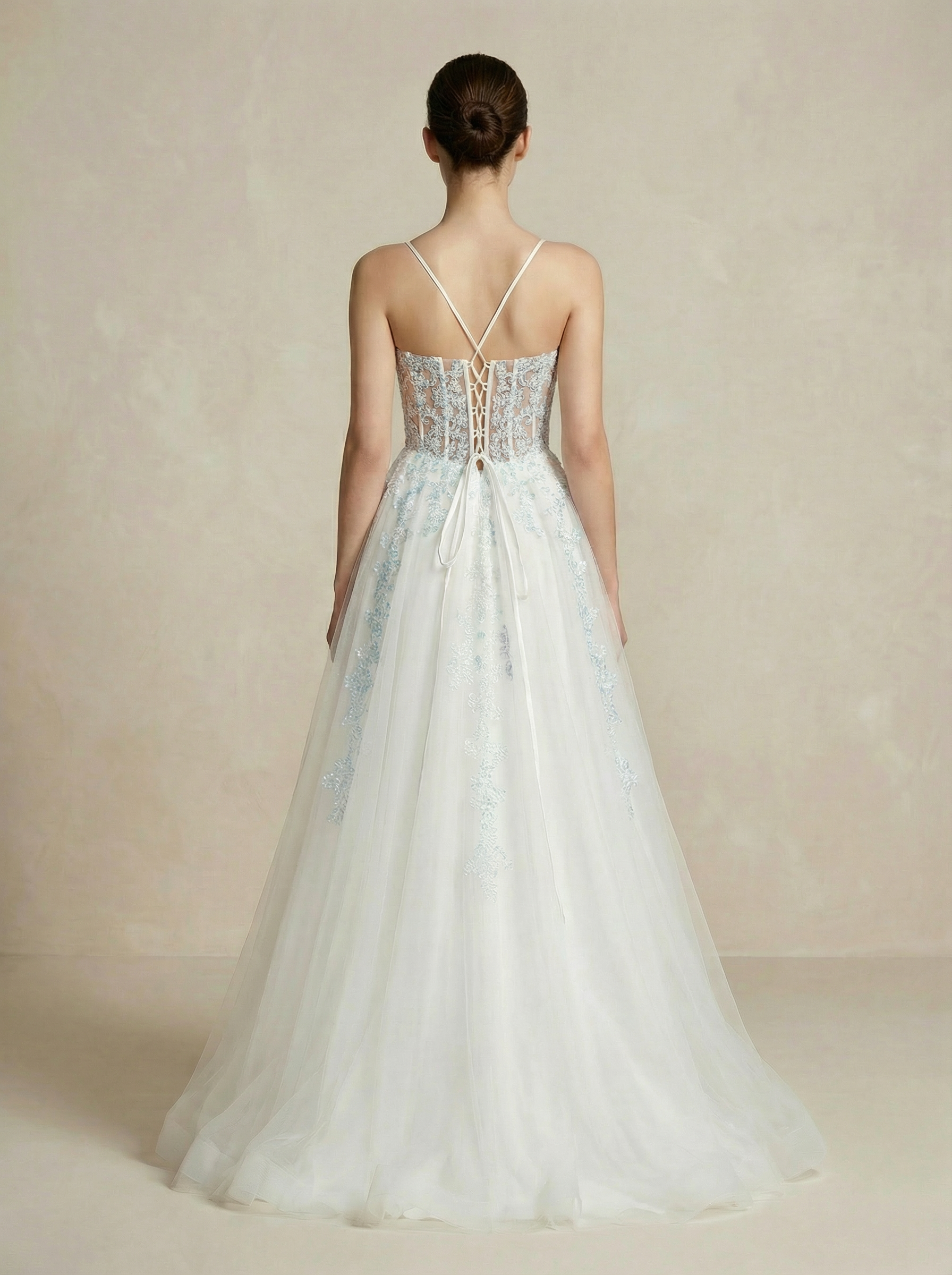 Deep V-Neck Beaded Lace A-Line Gown with High Slit