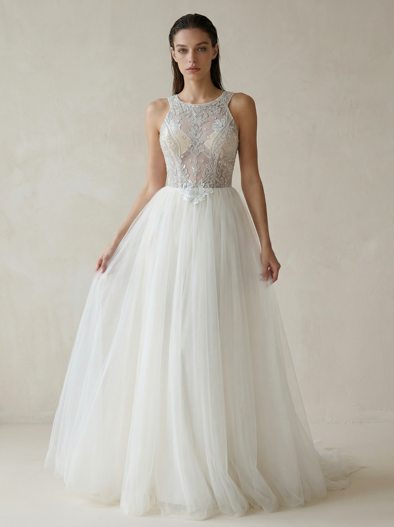 Classic Round Neck Tulle Ball Gown with Lace Flowers