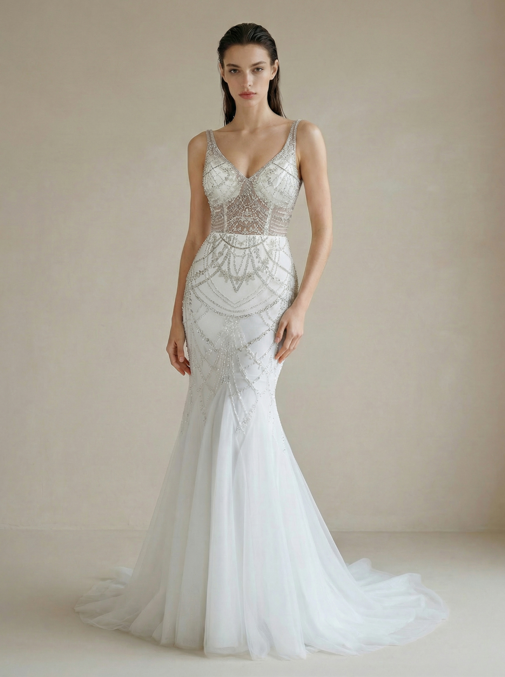 Elegant V-Neck Sequined Mermaid Wedding Dress