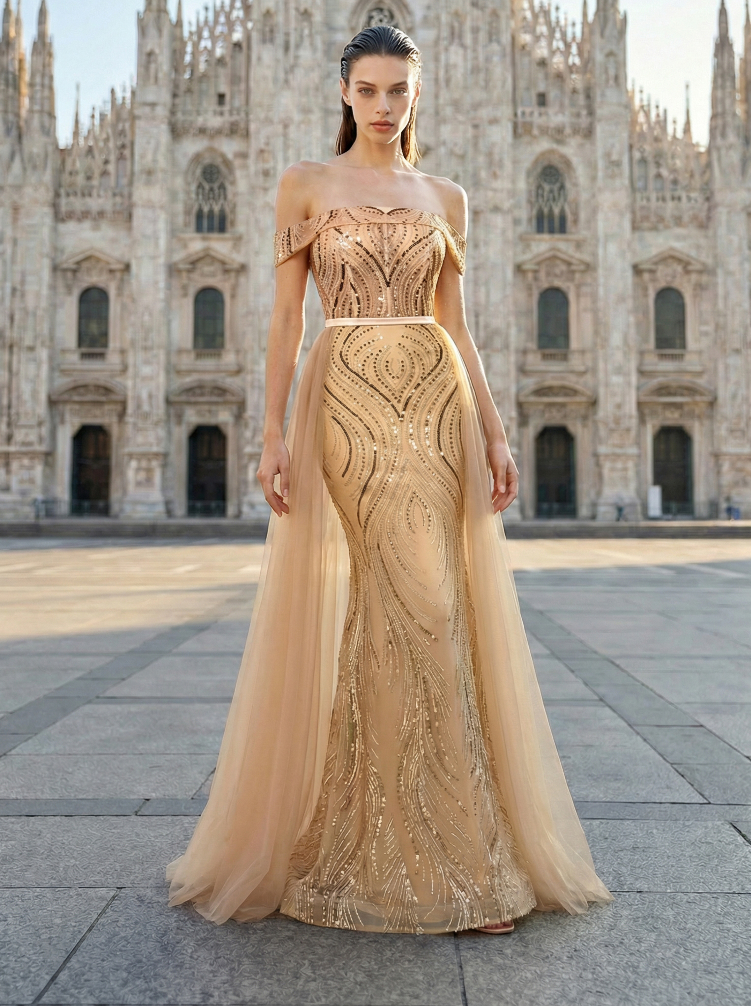 Stunning Champagne Beaded Mermaid Gown with Illusion Neckline