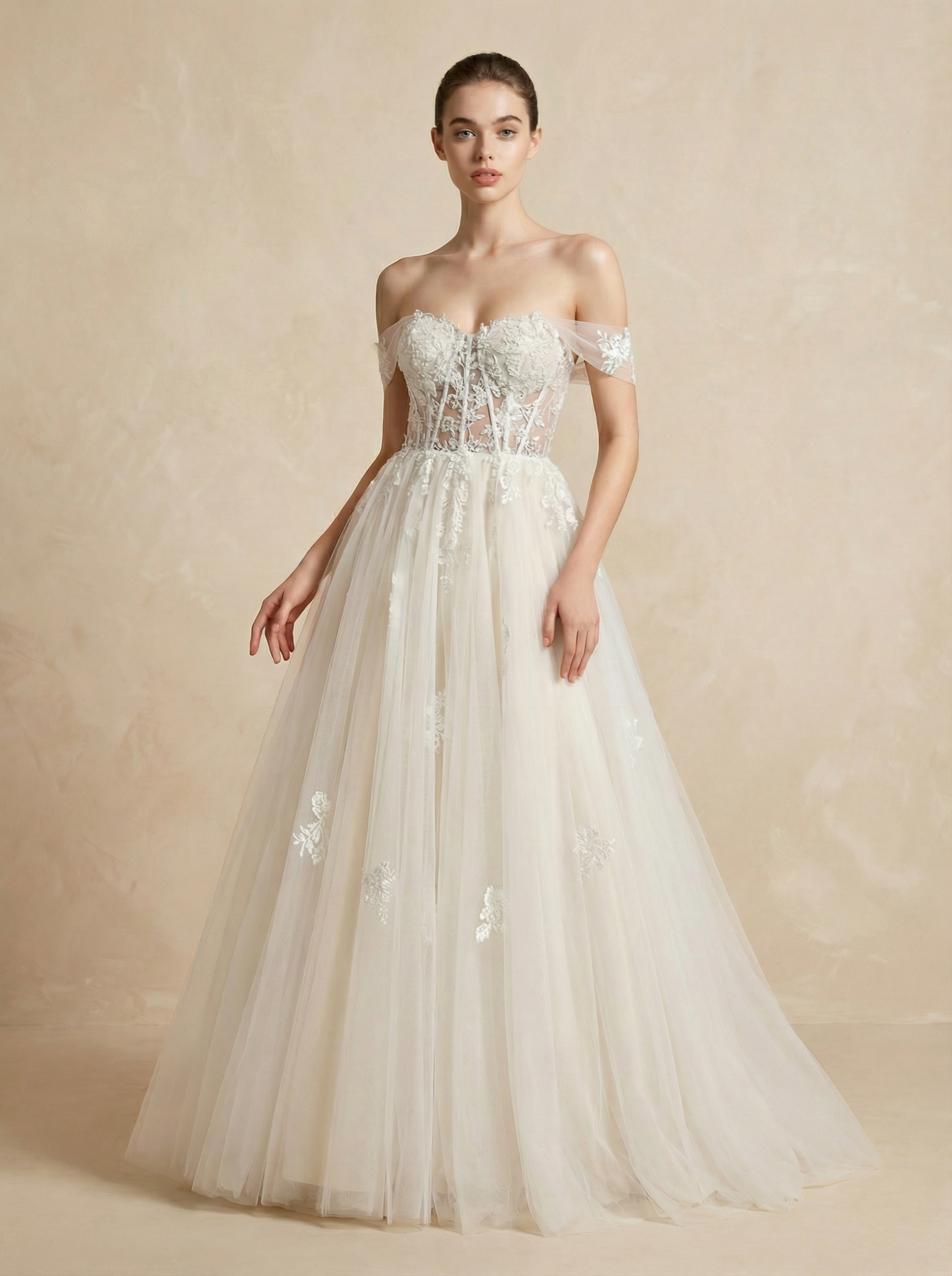 Classic Floral Lace Appliqué A-Line Wedding Dress