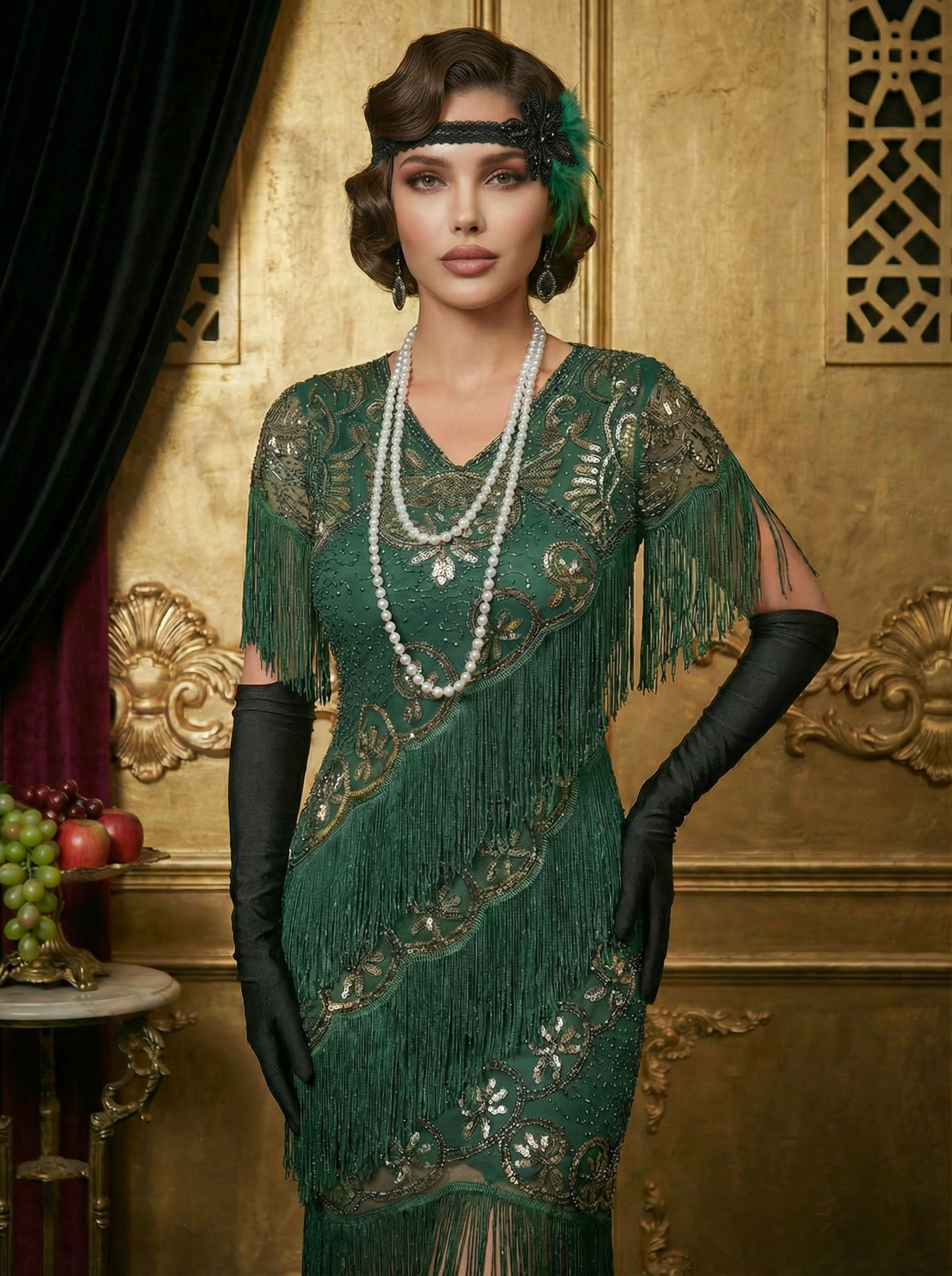 Emerald Green Short Sleeve 1920s Flapper Dress with Fringe