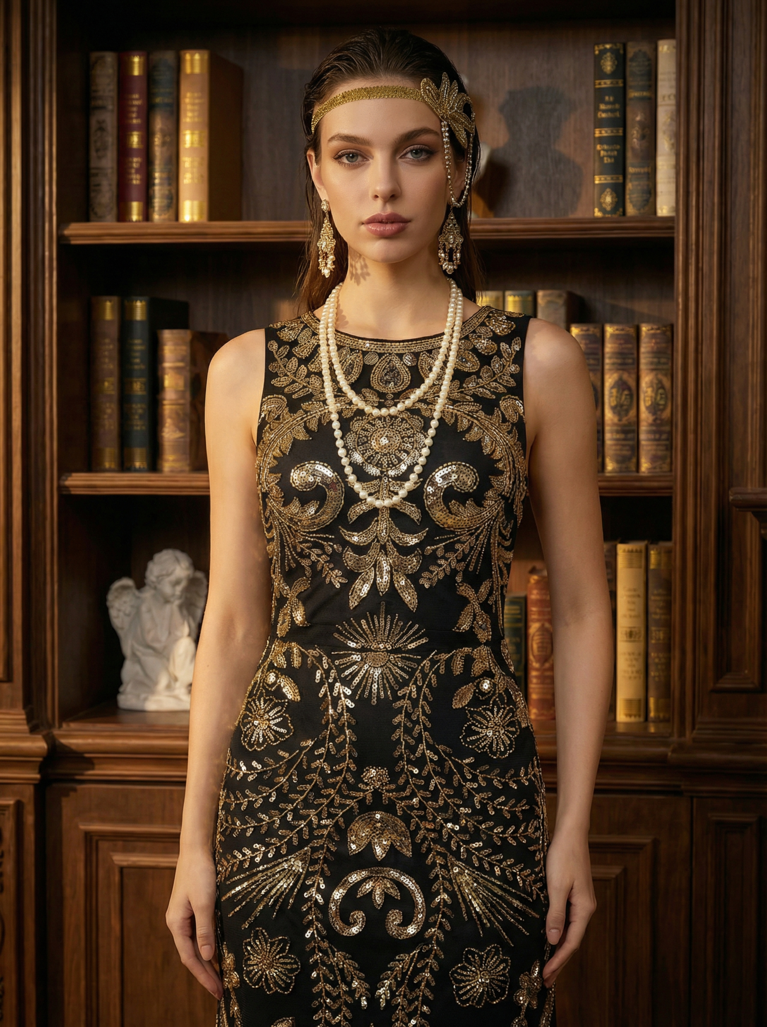 1920s Gatsby Long Black and Gold Round Neck Party Dress