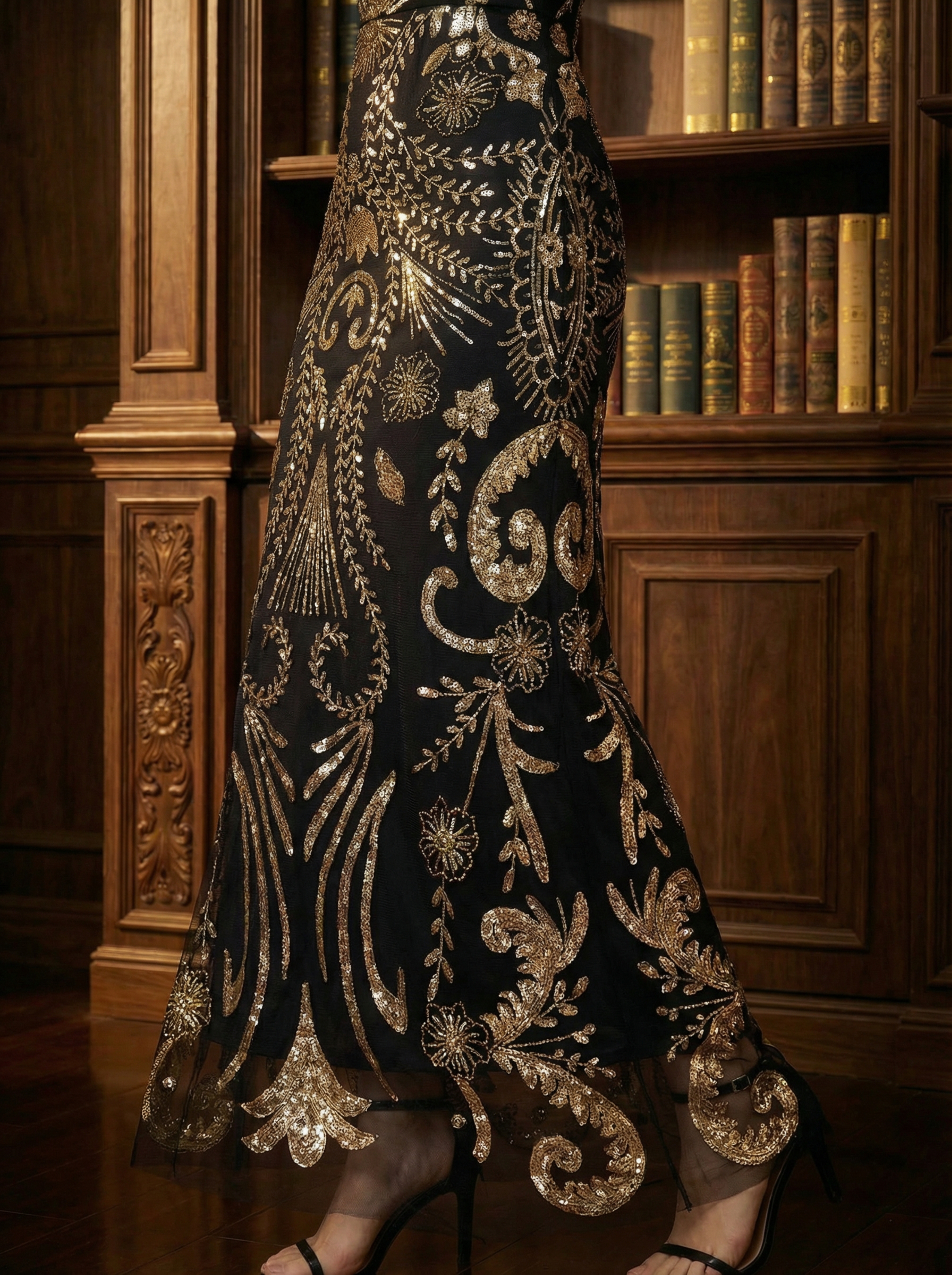 1920s Gatsby Long Black and Gold Round Neck Party Dress