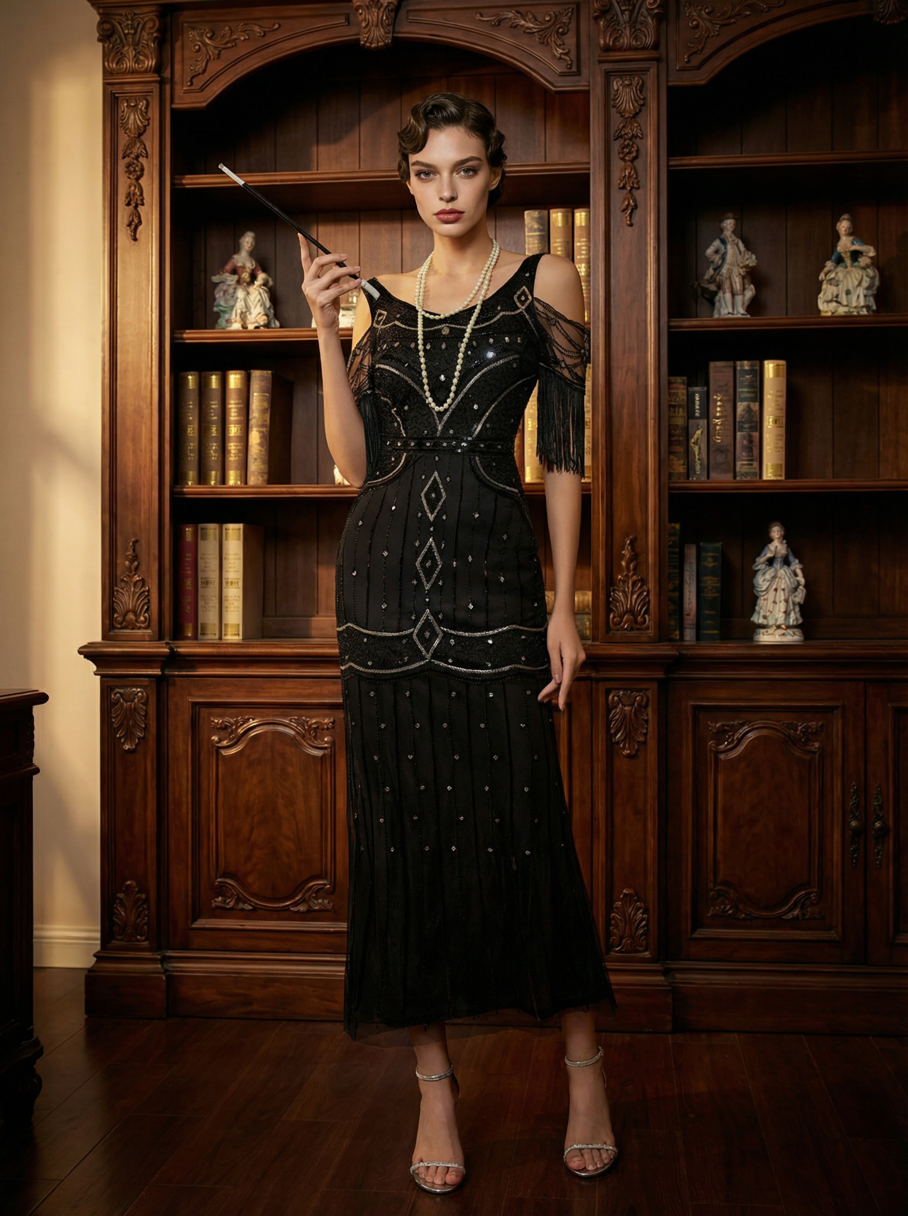 1920s Gatsby Tassel Dress Black Sequin Gown for Formal Events