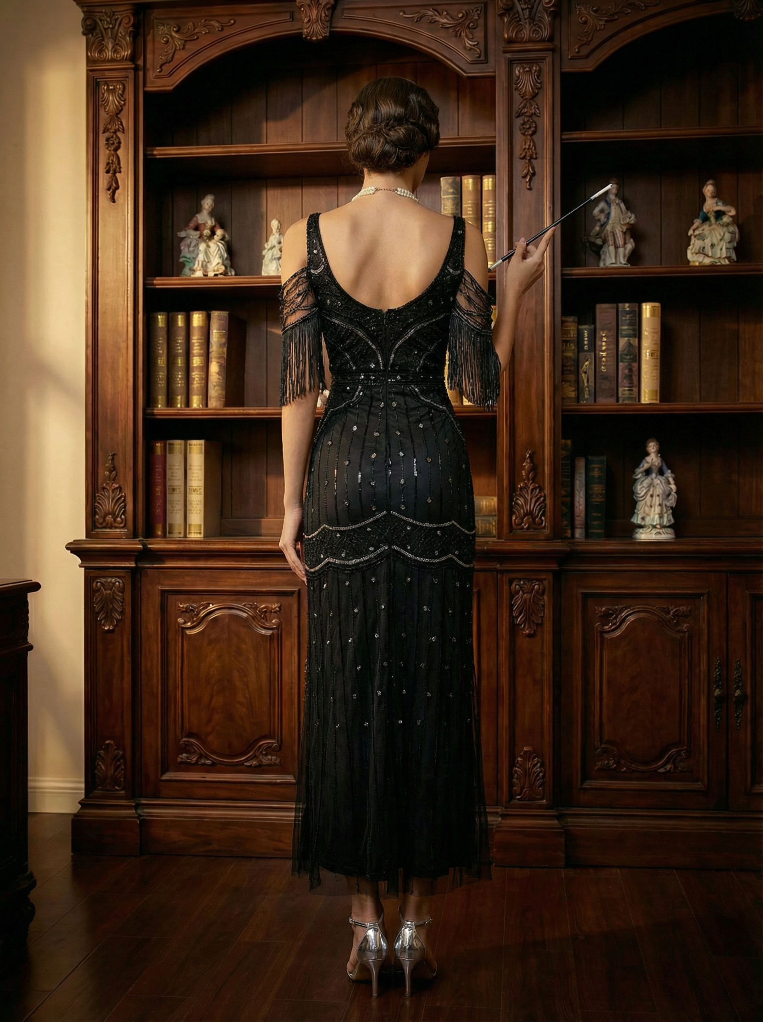 1920s Gatsby Tassel Dress Black Sequin Gown for Formal Events