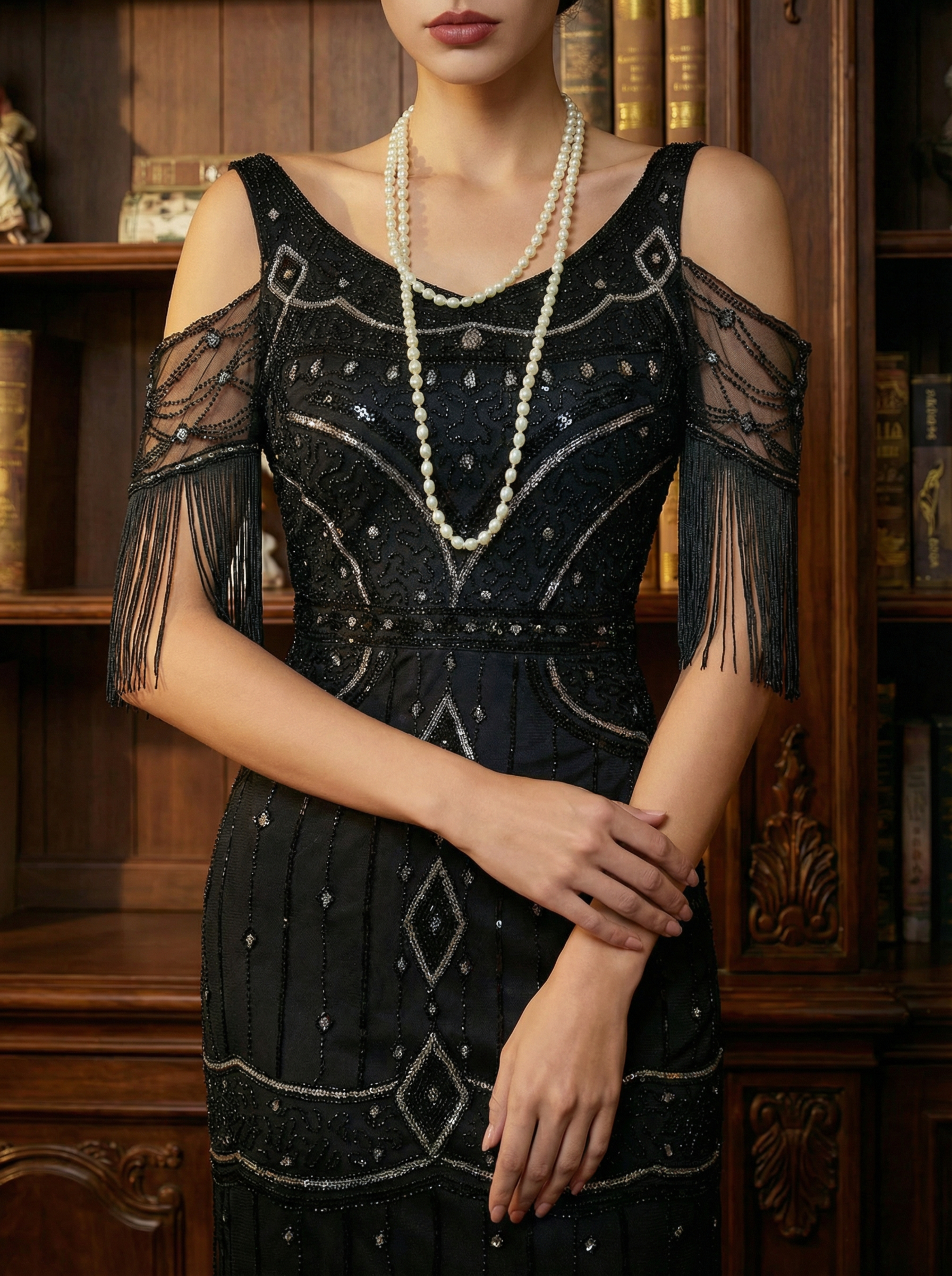 Black 1920s Bishop Sleeve Sequin Tassel Evening Gown