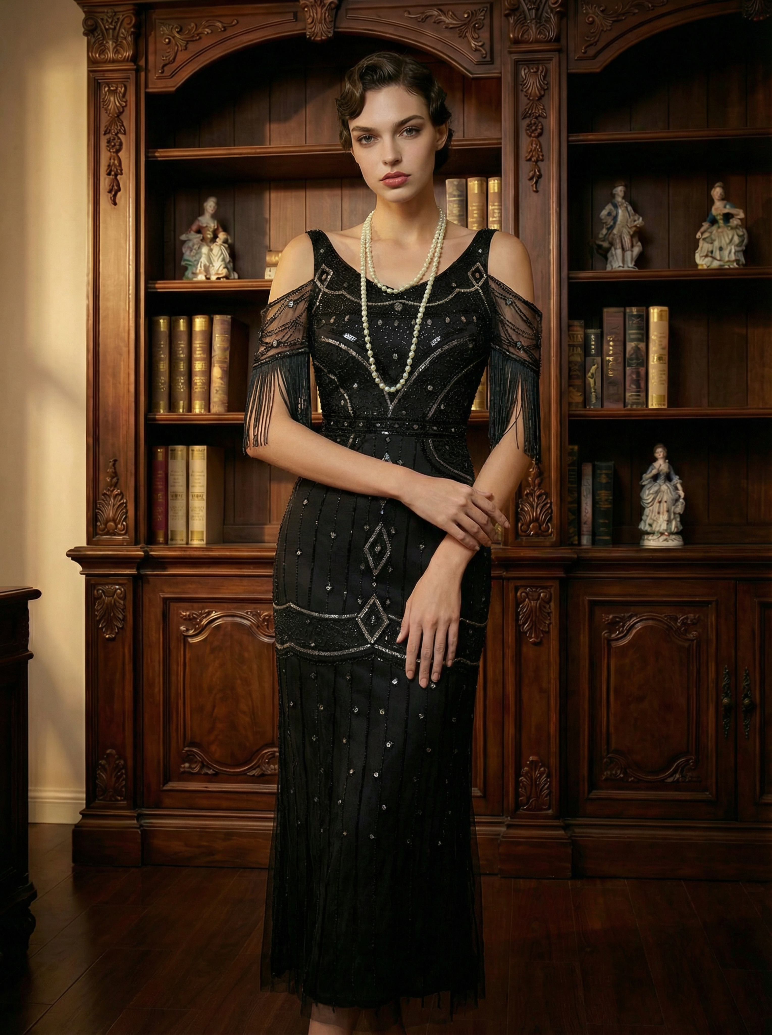 Black 1920s Bishop Sleeve Sequin Tassel Evening Gown