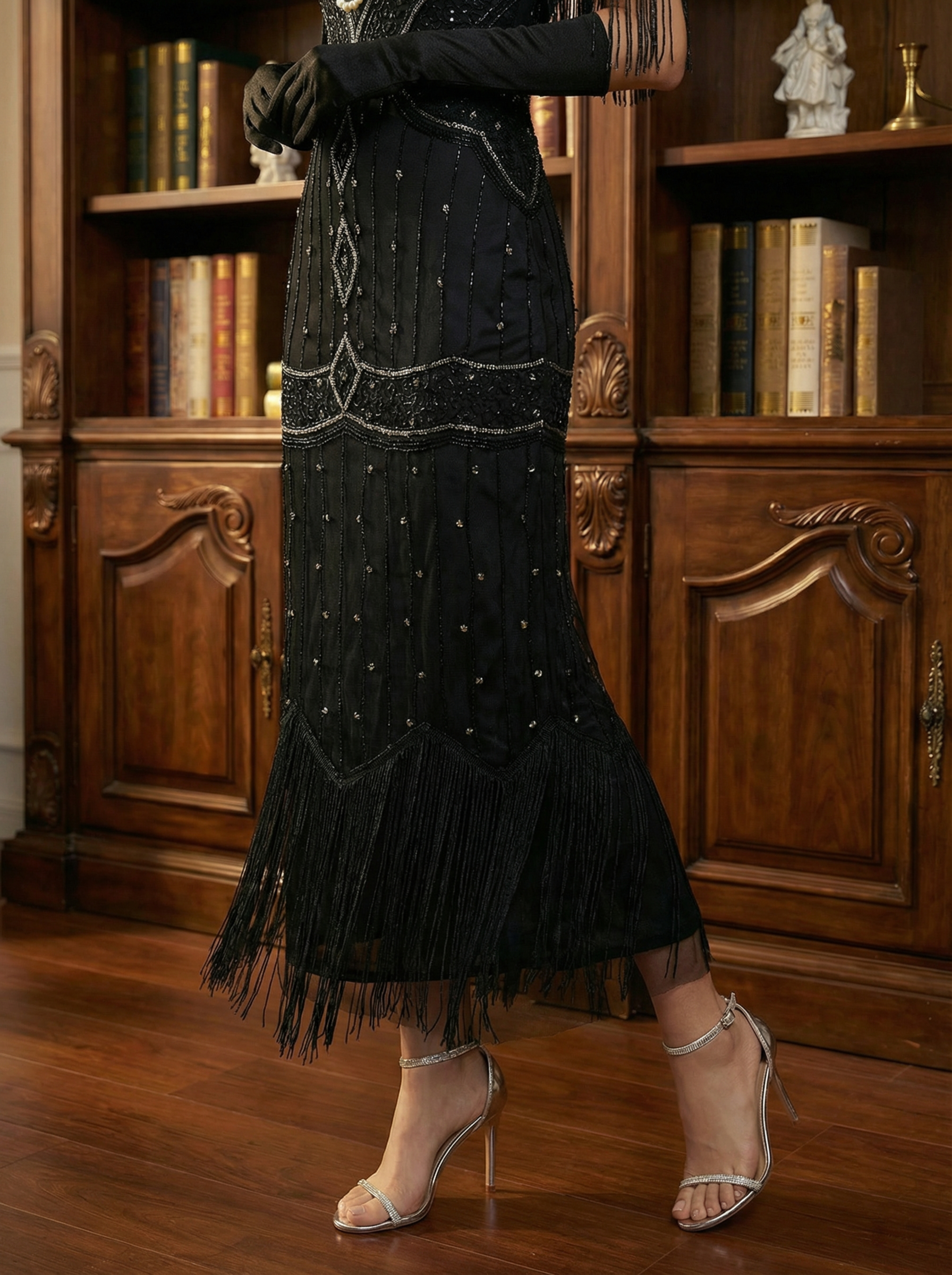 Black 1920s Bishop Sleeve Sequin Tassel Evening Gown