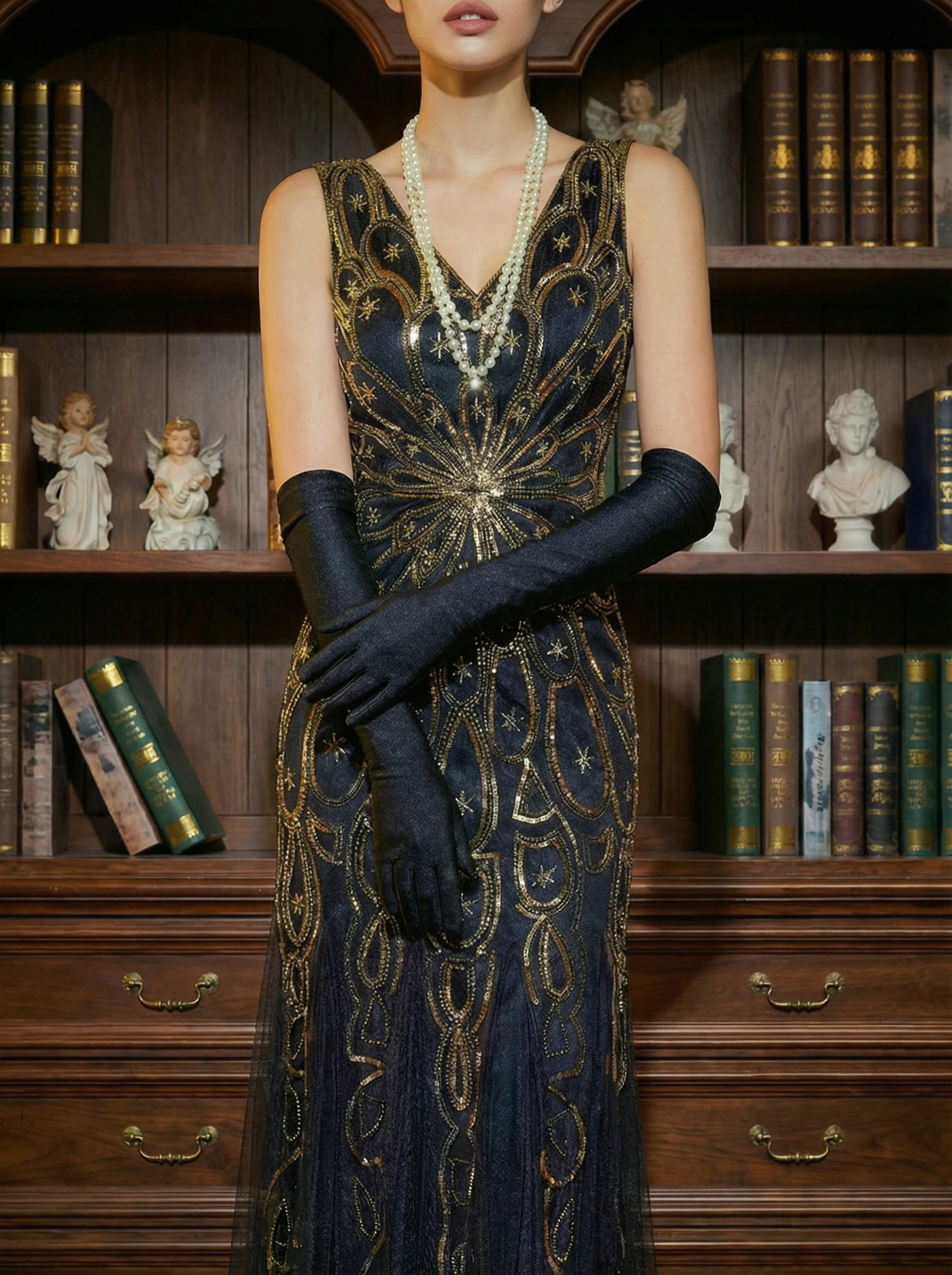 Elegant Black and Gold 1920s Style Long Sequin Dress