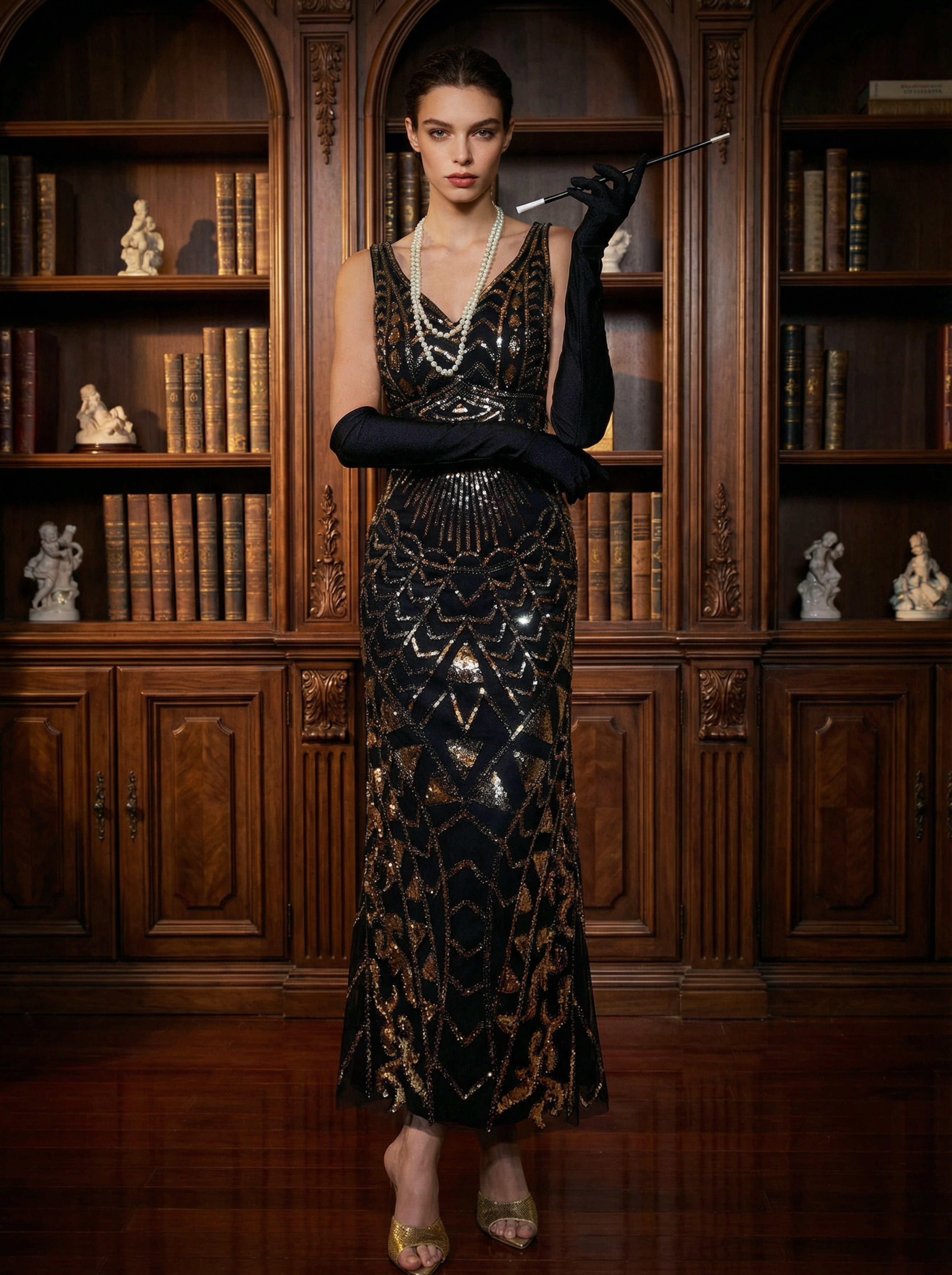 Long black and gold sequin evening dress with a v-neckline and sleeveless silhouette, designed in 1920s vintage style.