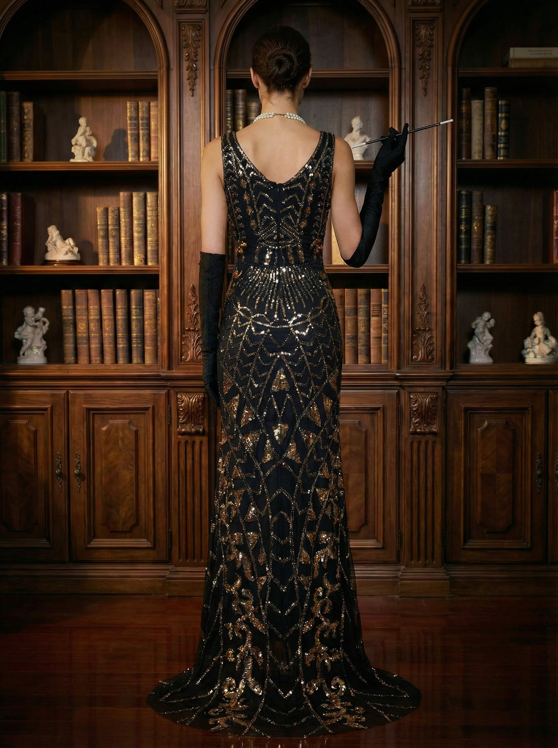 Long black and gold sequin evening dress with a v-neckline and sleeveless silhouette, designed in 1920s vintage style.