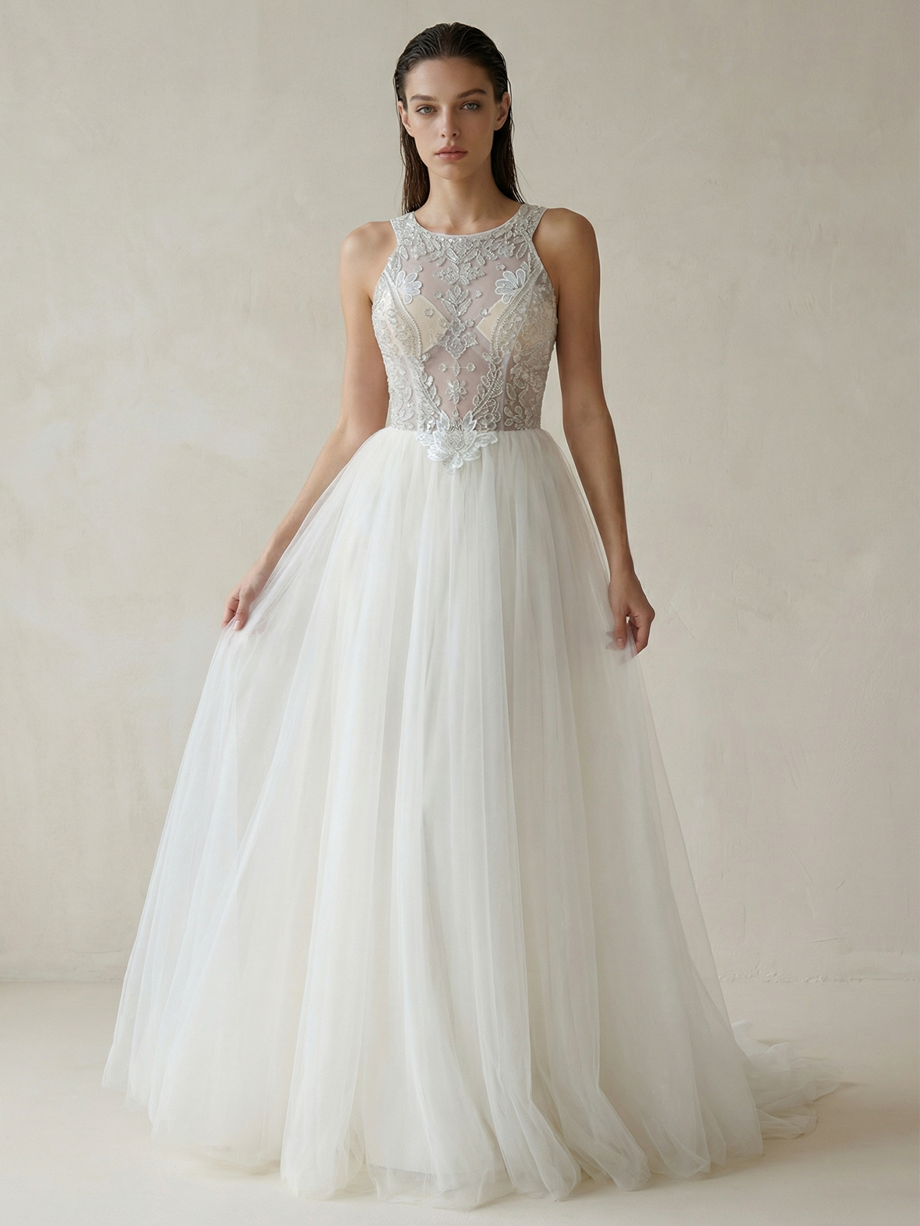 A Line Halter Sleeveless Wedding Dress with Beading