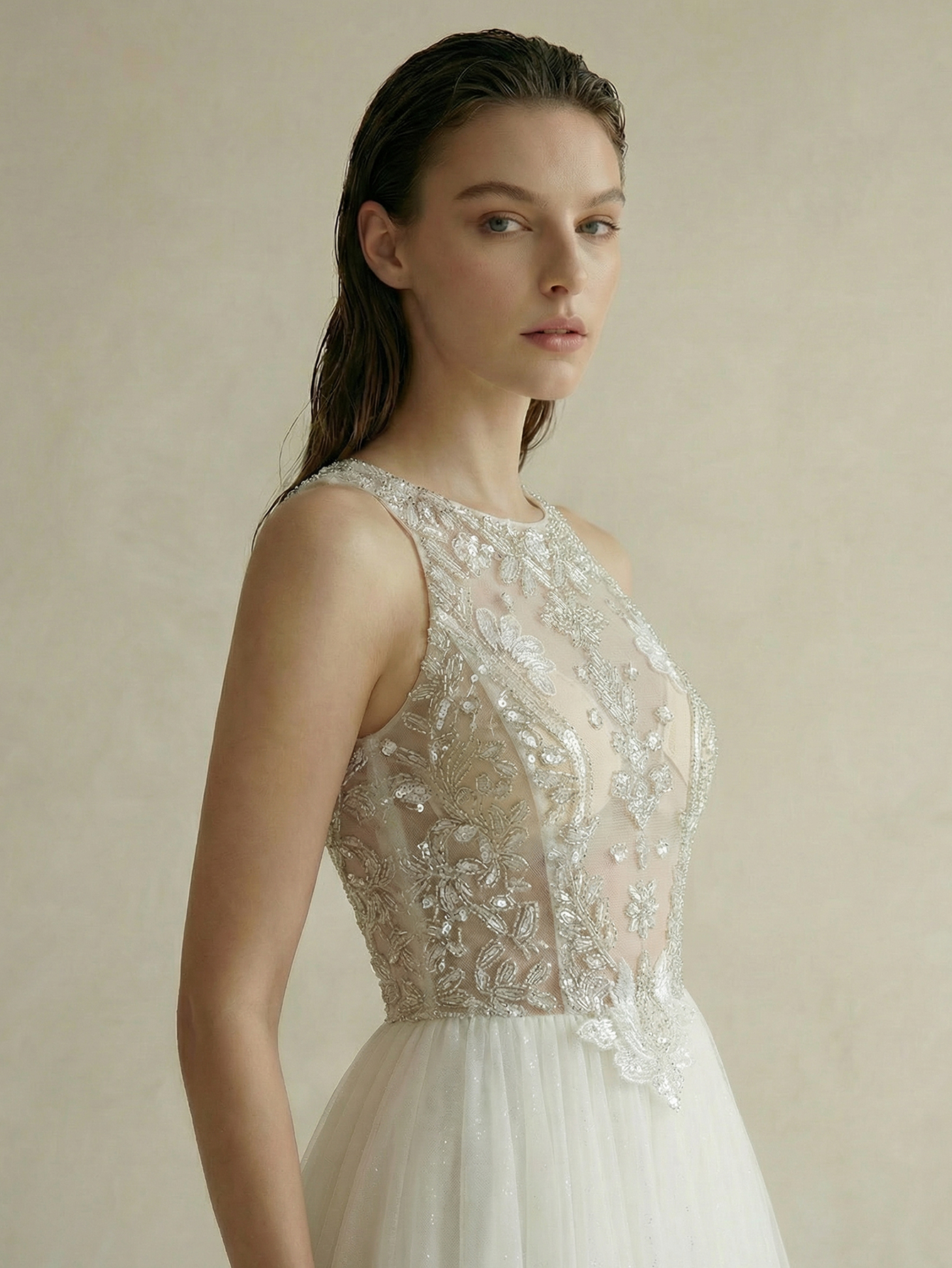 A Line Halter Sleeveless Wedding Dress with Beading