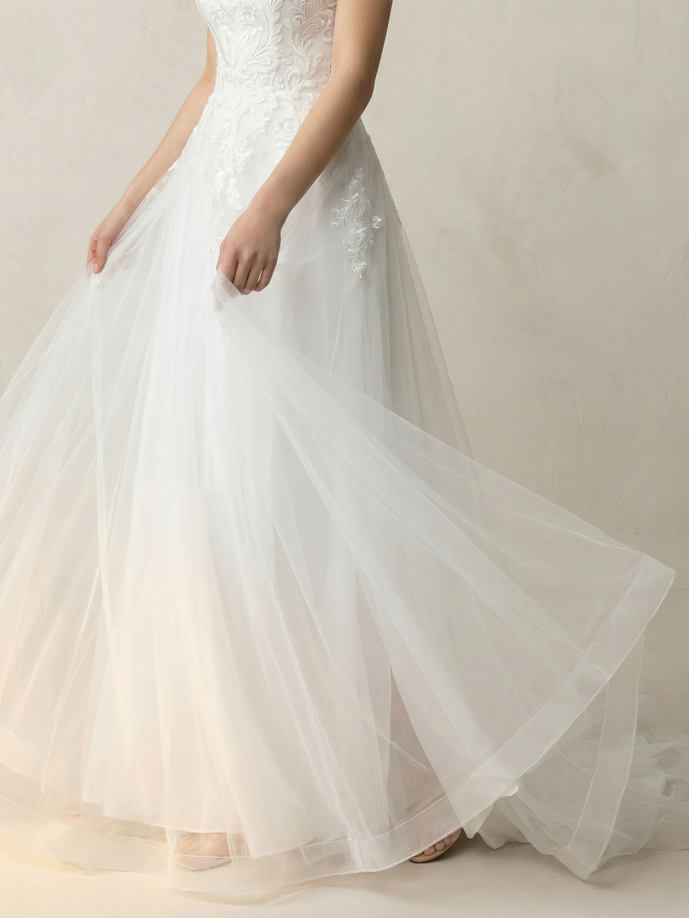 A Line Off the Shoulder Wedding Dress with Appliqued
