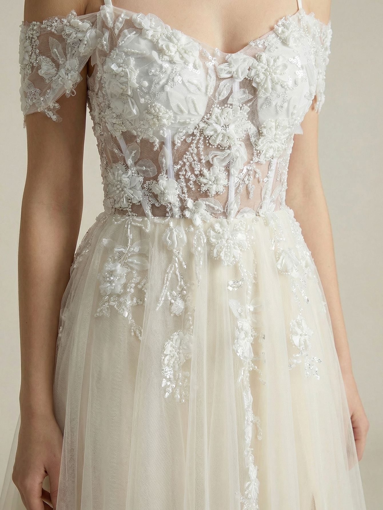 A Line Spaghetti Straps Wedding Dress with 3D Appliqued Beading