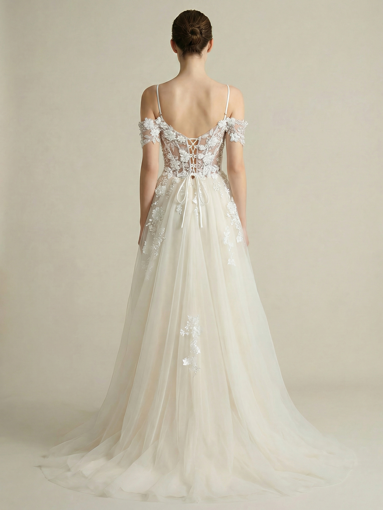 A Line Spaghetti Straps Wedding Dress with 3D Appliqued Beading
