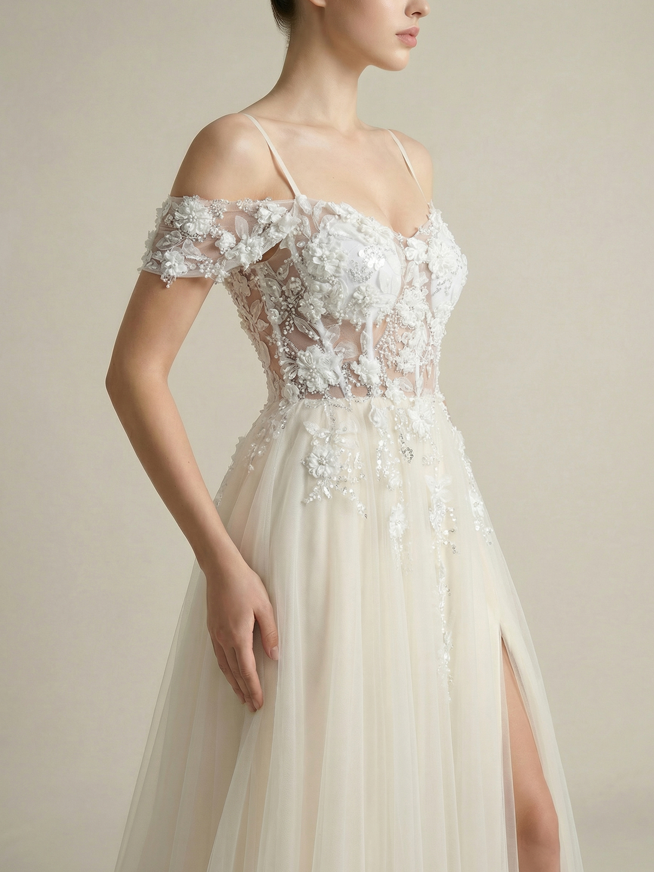 A Line Spaghetti Straps Wedding Dress with 3D Appliqued Beading