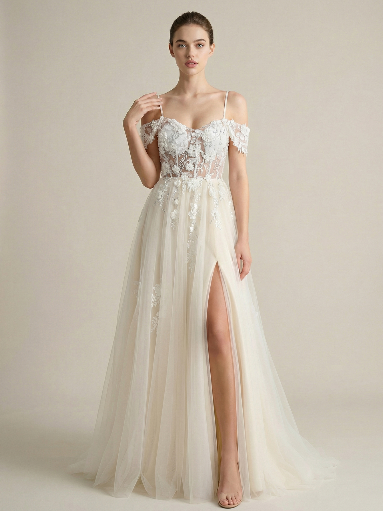 A Line Spaghetti Straps Wedding Dress with 3D Appliqued Beading