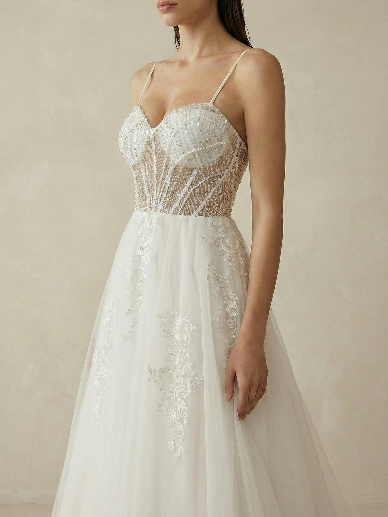 A Line Sweep Train Wedding Dress with Appliqued Beading