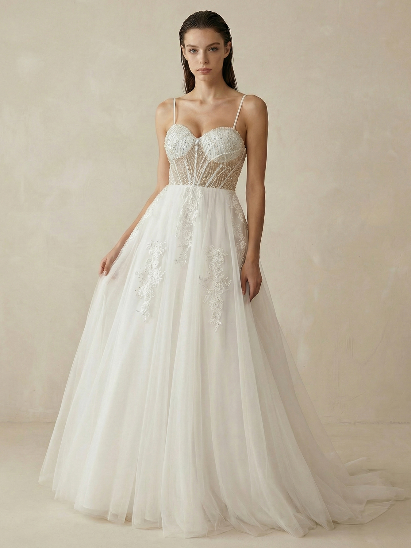 A Line Sweep Train Wedding Dress with Appliqued Beading