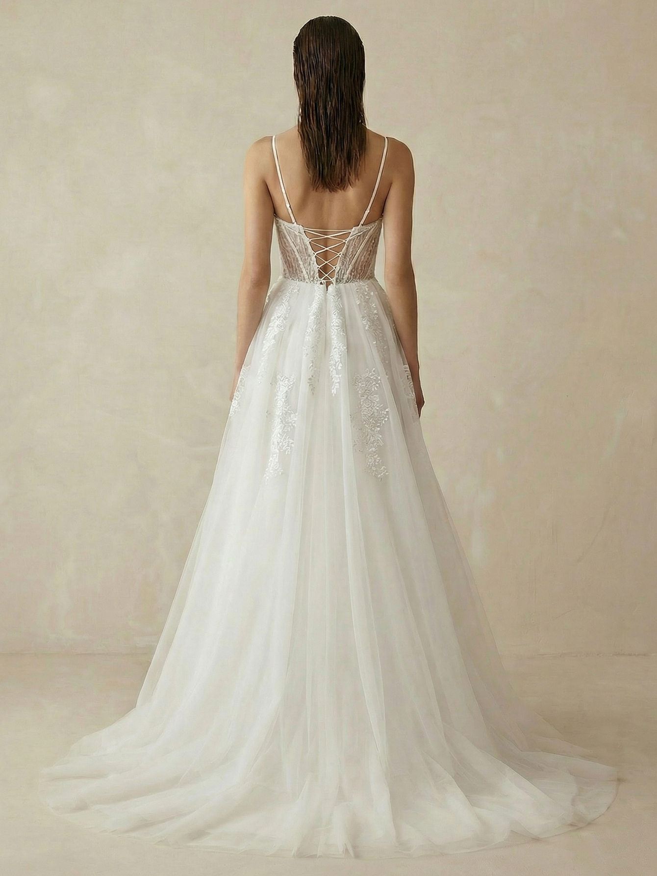 A Line Sweep Train Wedding Dress with Appliqued Beading