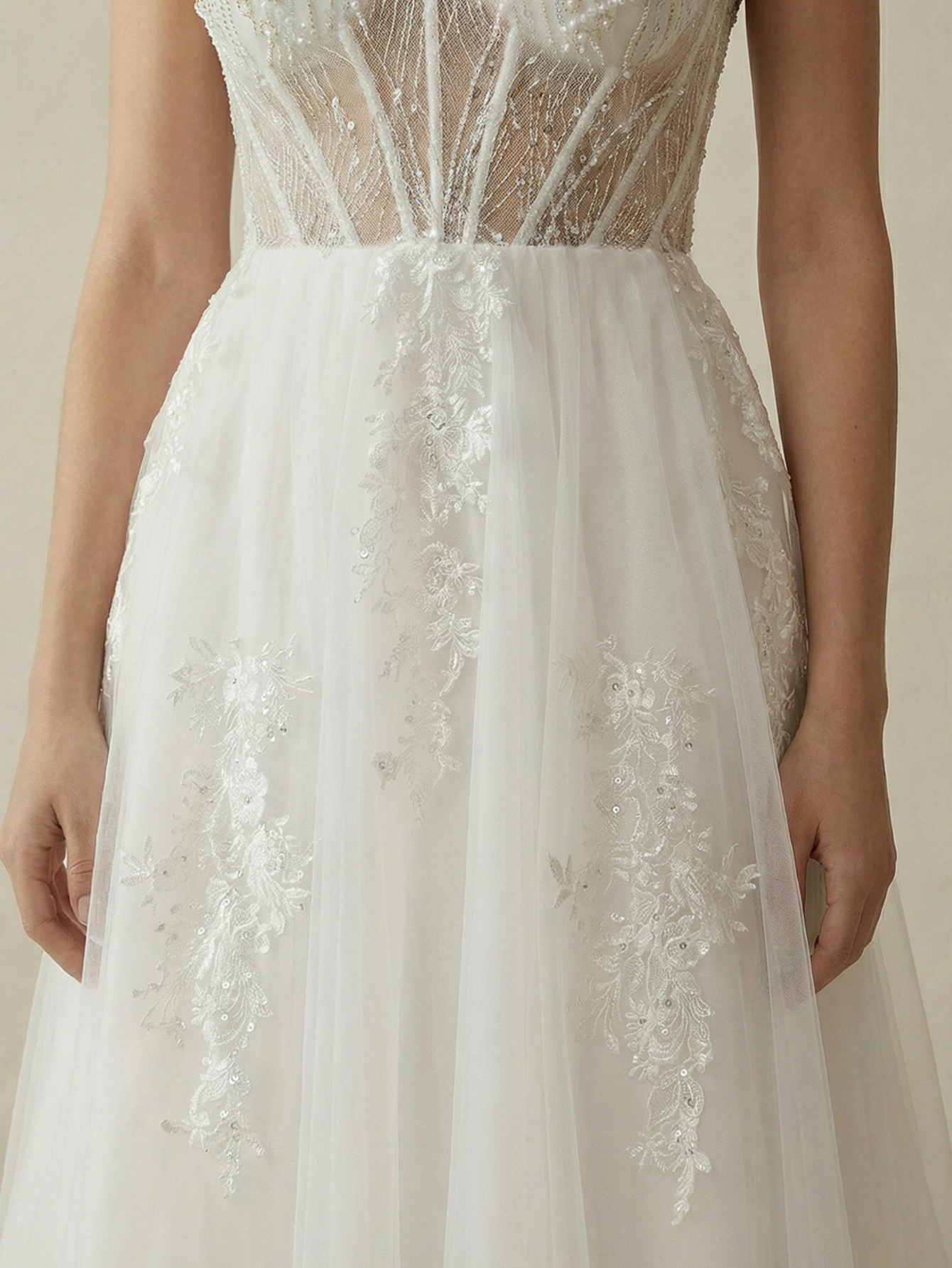 A Line Sweep Train Wedding Dress with Appliqued Beading