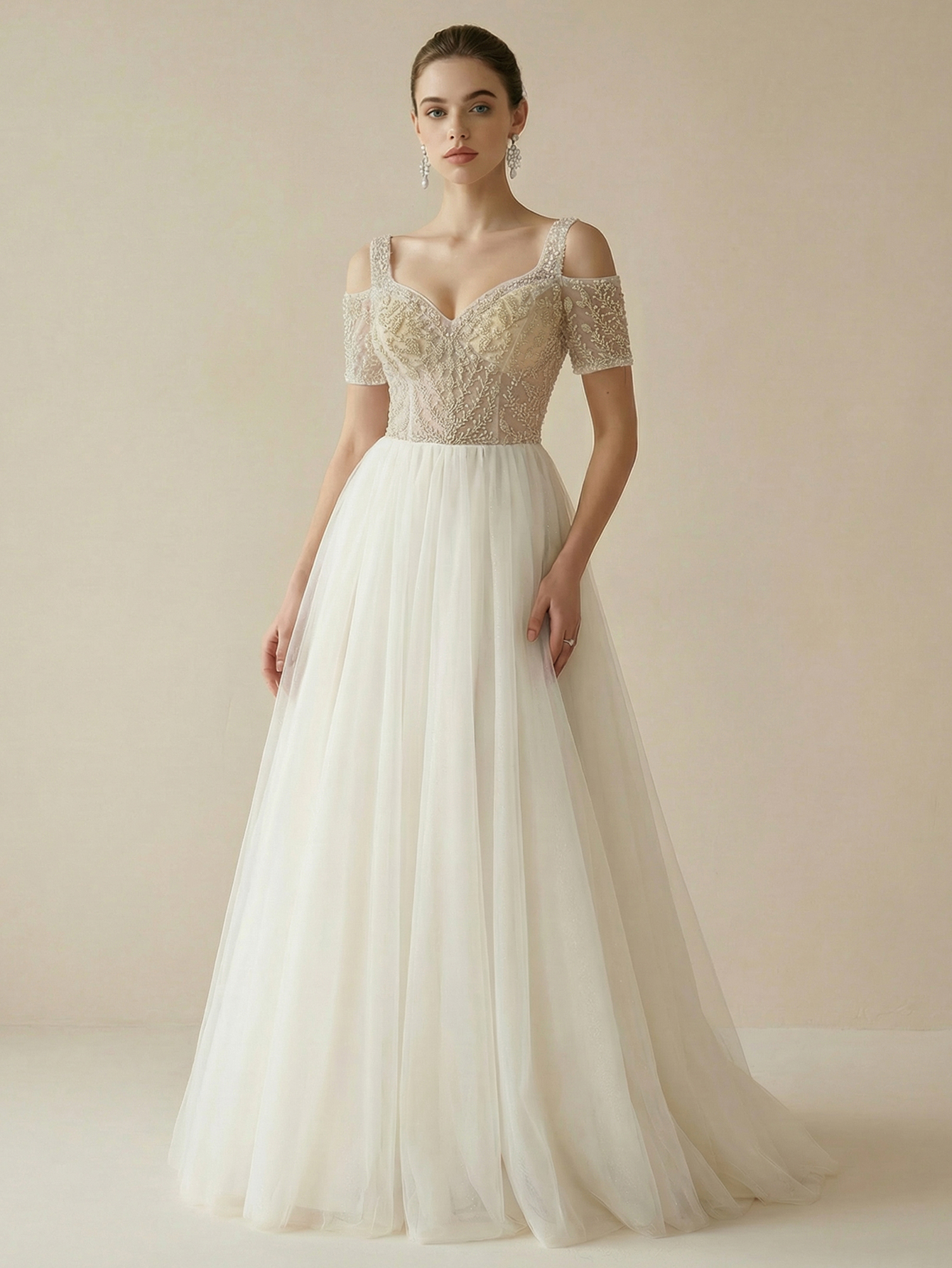 A Line V neck Cold Shoulder Wedding Dress with Beading