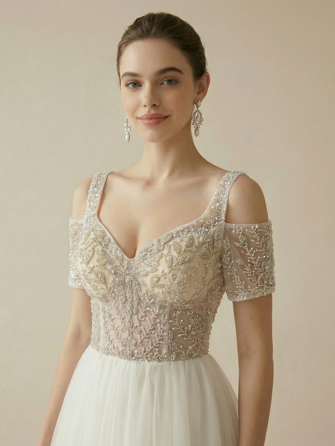 A Line V neck Cold Shoulder Wedding Dress with Beading