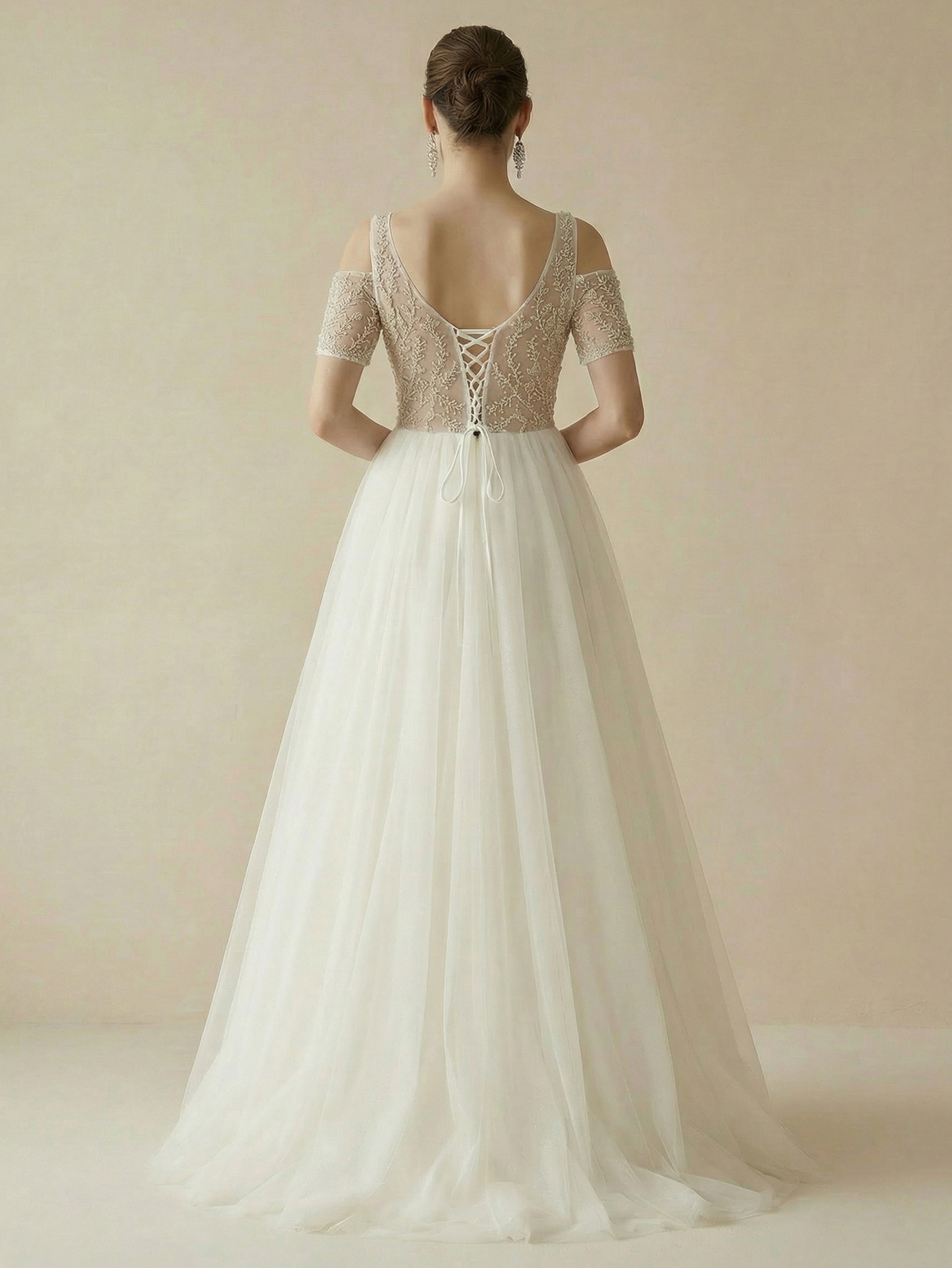 A Line V neck Cold Shoulder Wedding Dress with Beading