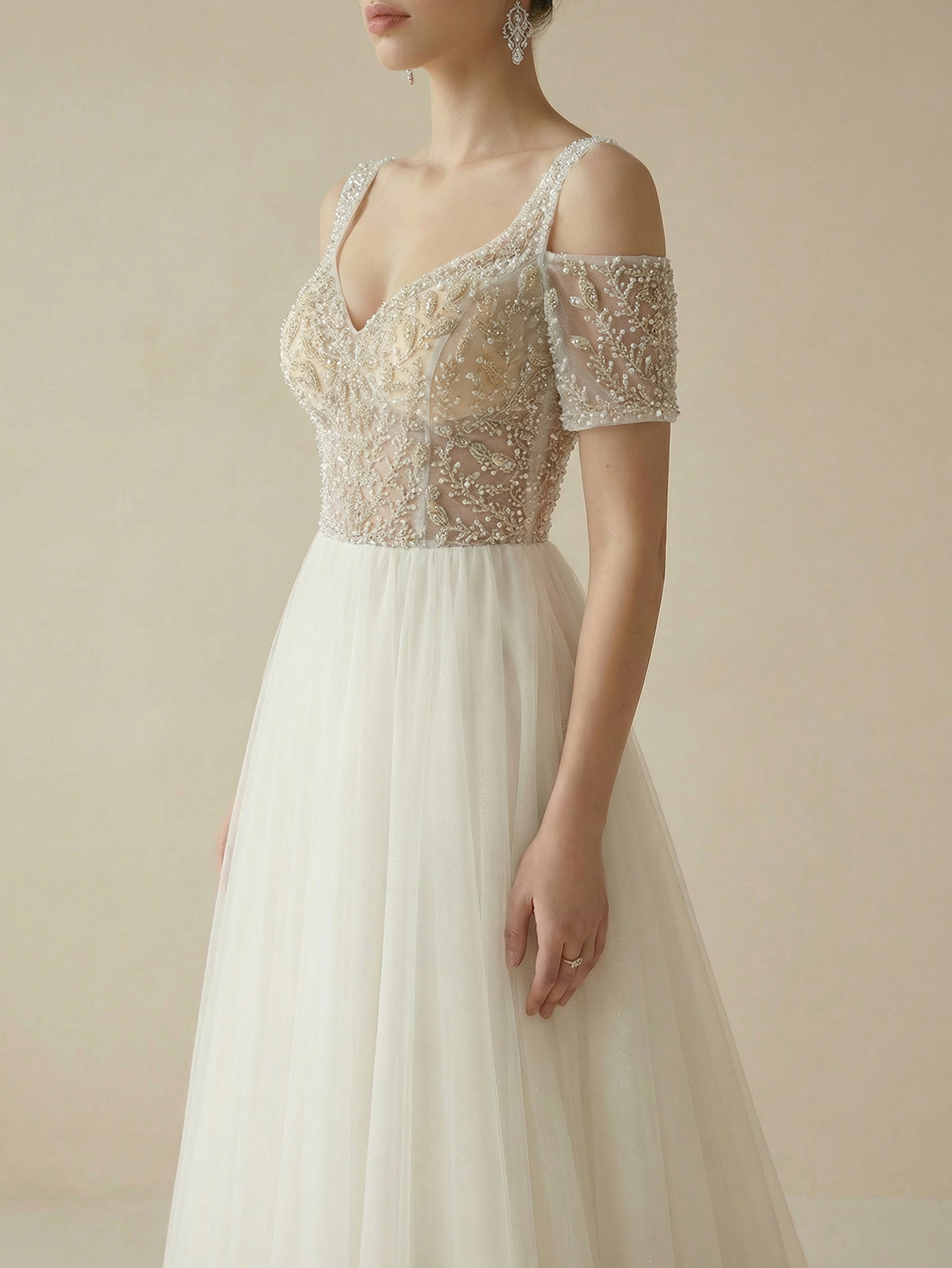 A Line V neck Cold Shoulder Wedding Dress with Beading