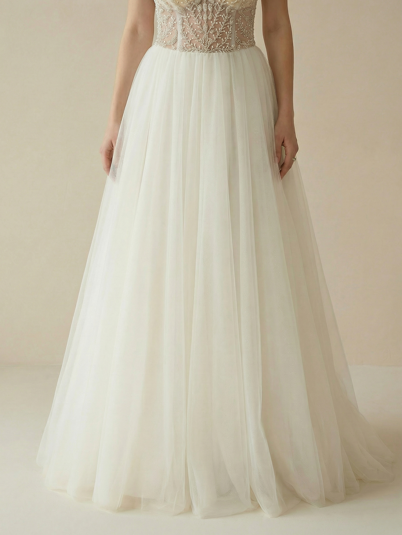 A Line V neck Cold Shoulder Wedding Dress with Beading