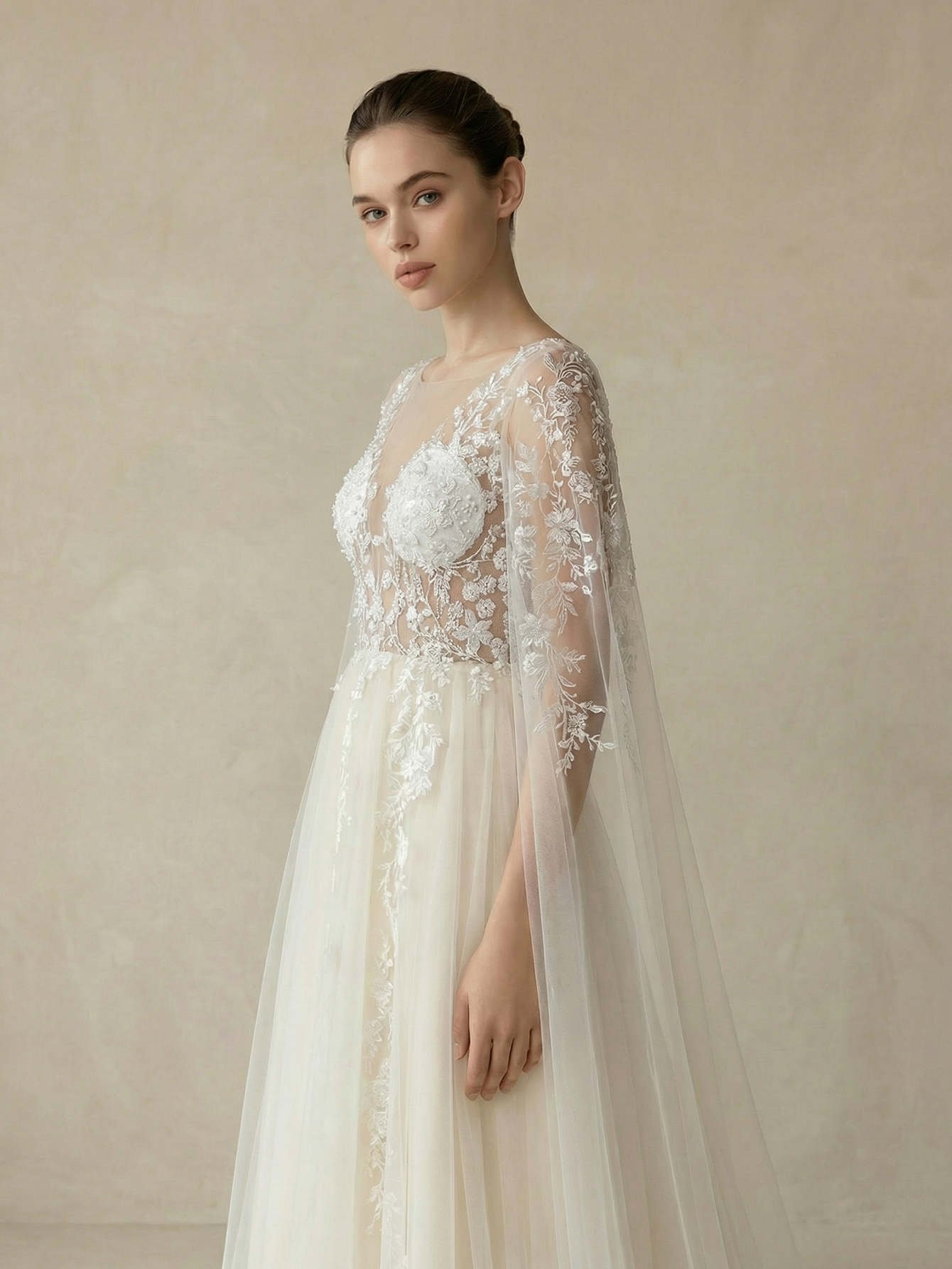 A Line V neck Extra-Long Sleeve Wedding Dress with Appliqued