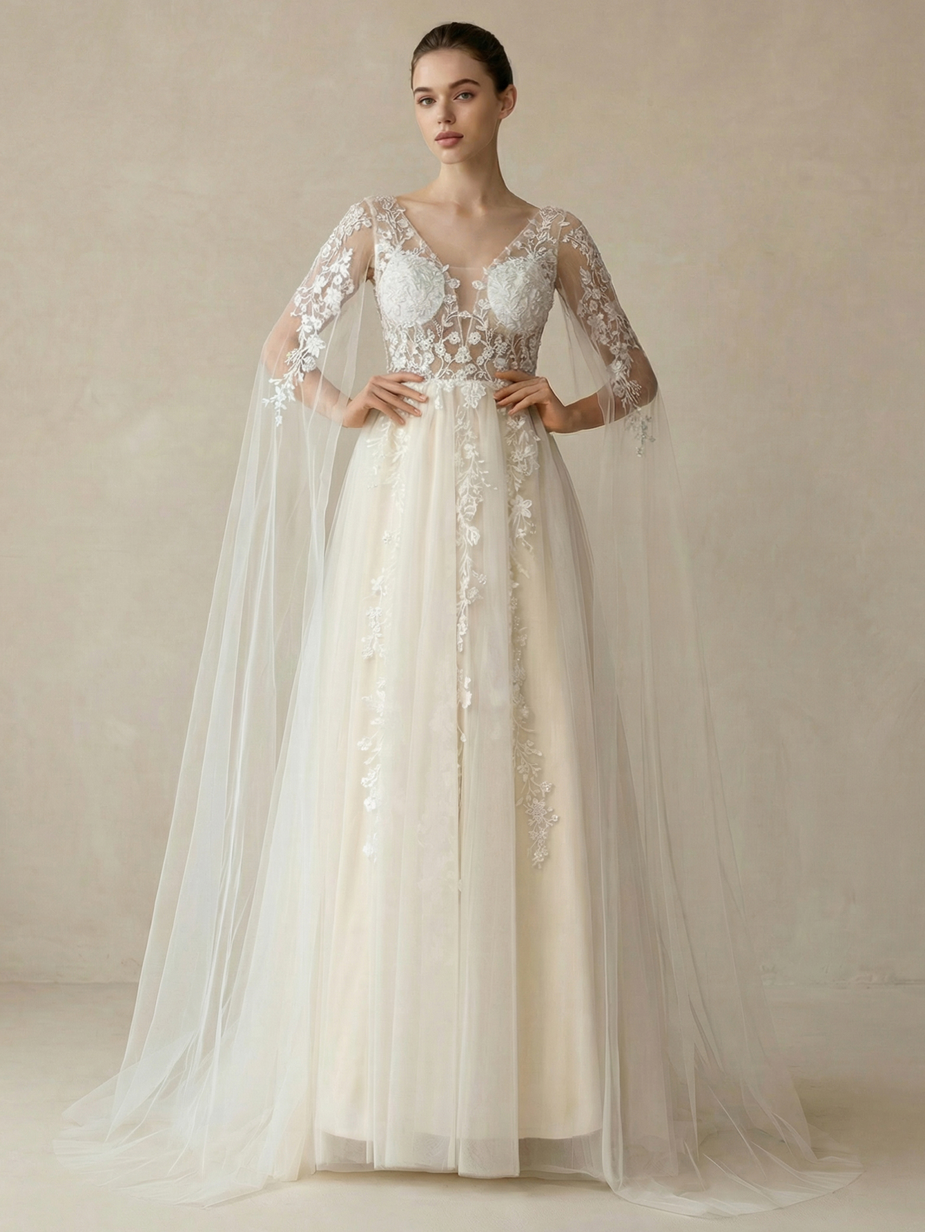 A Line V neck Extra-Long Sleeve Wedding Dress with Appliqued