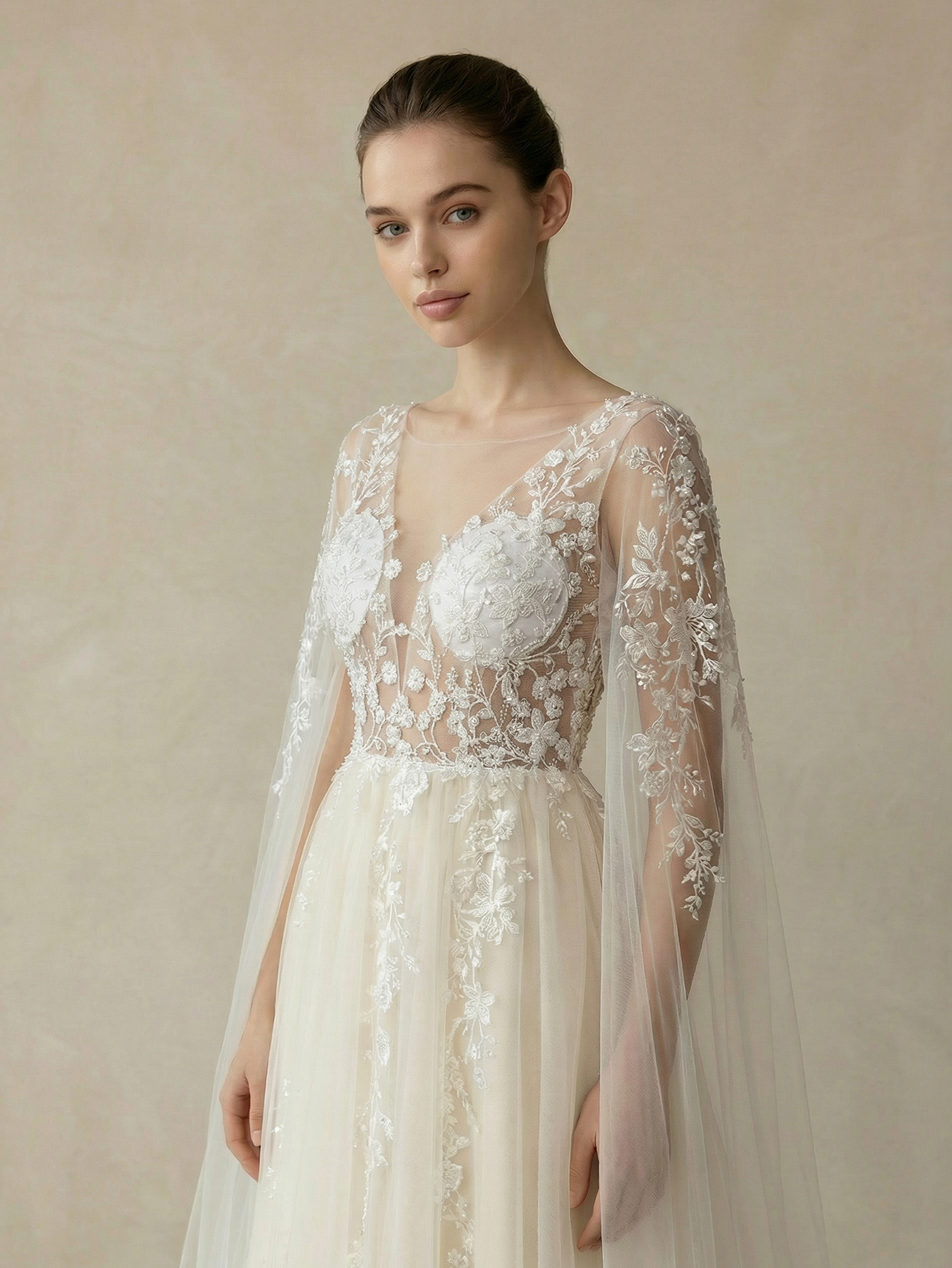 A Line V neck Extra-Long Sleeve Wedding Dress with Appliqued