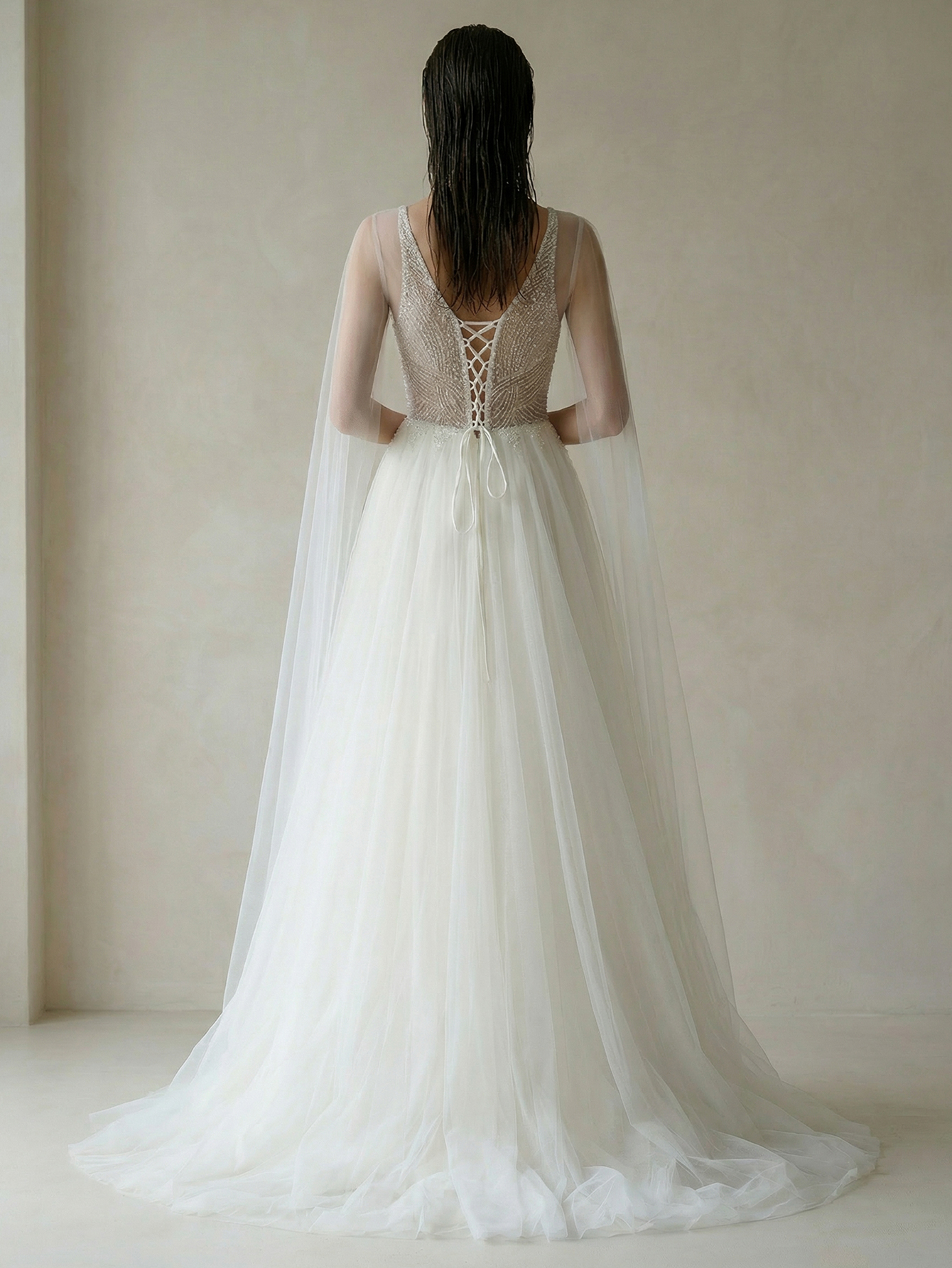 A Line V neck Extra-Long Sleeve Wedding Dress with Beading
