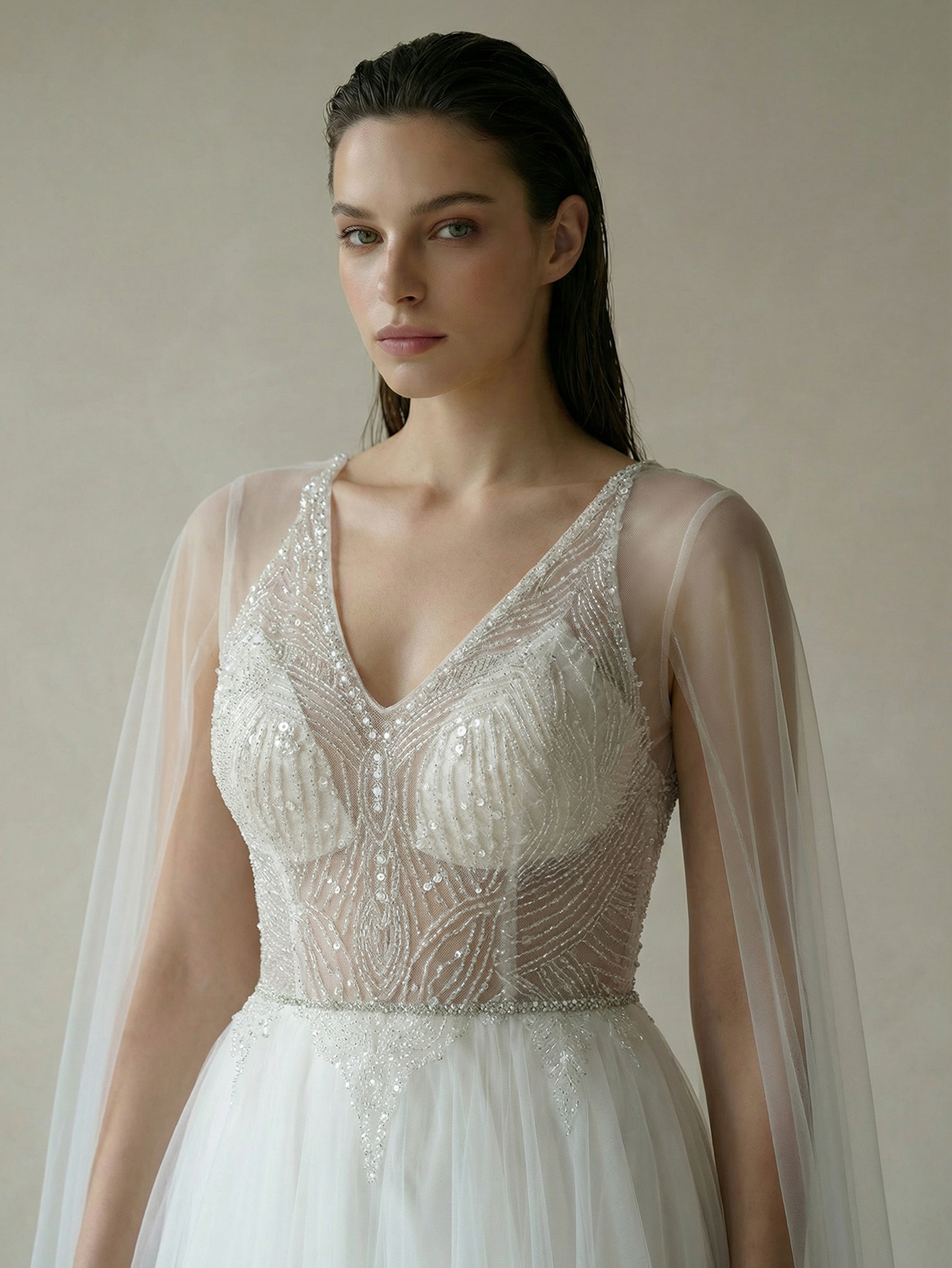 A Line V neck Extra-Long Sleeve Wedding Dress with Beading
